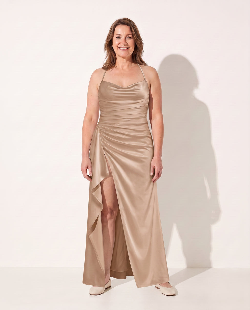 Evangeline | Plus Size Evening Dresses Draped Satin Maxi Split — Beige