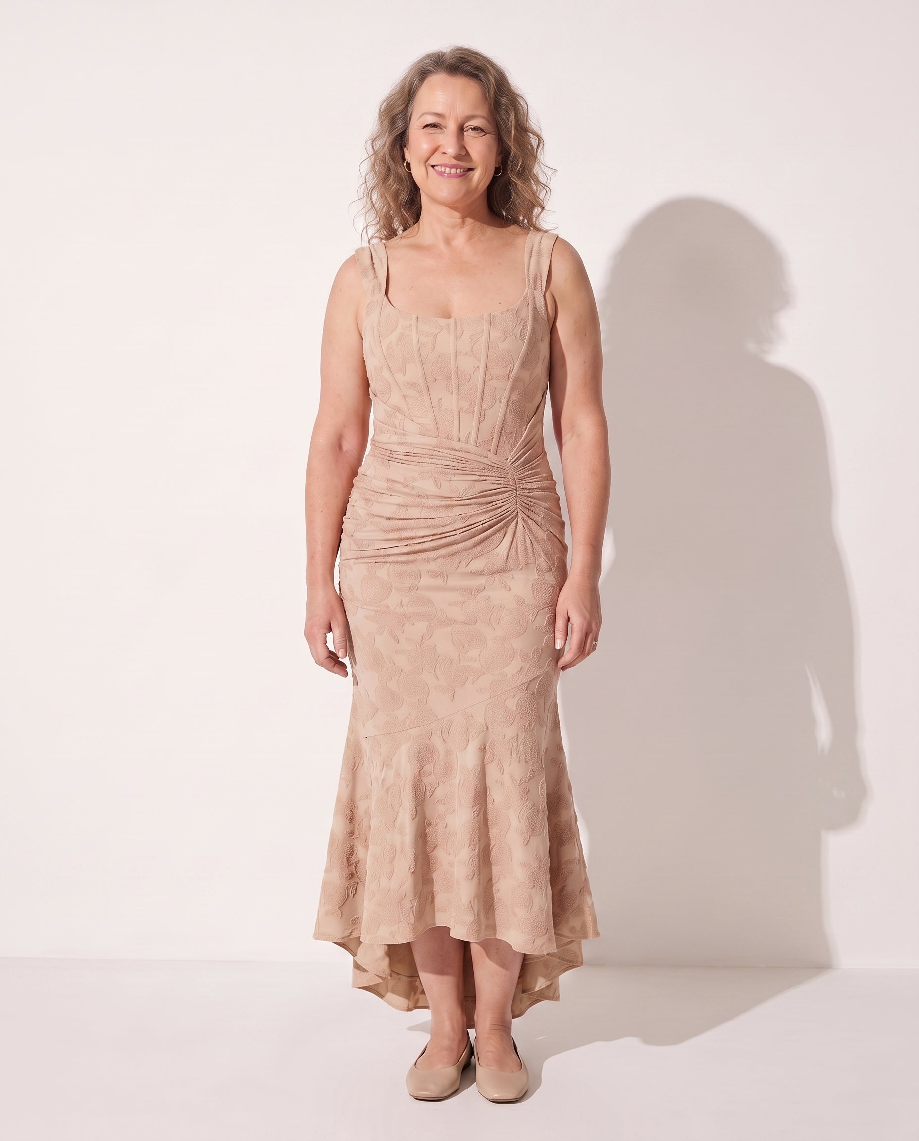 Ingrid | Ruched Square Neck Evening Maxi Dress — Beige