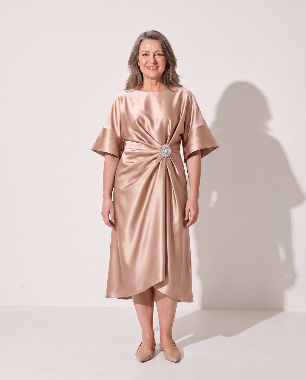 Aurelia | Satin Brooch Midi Dress With Kimono Sleeves — Beige