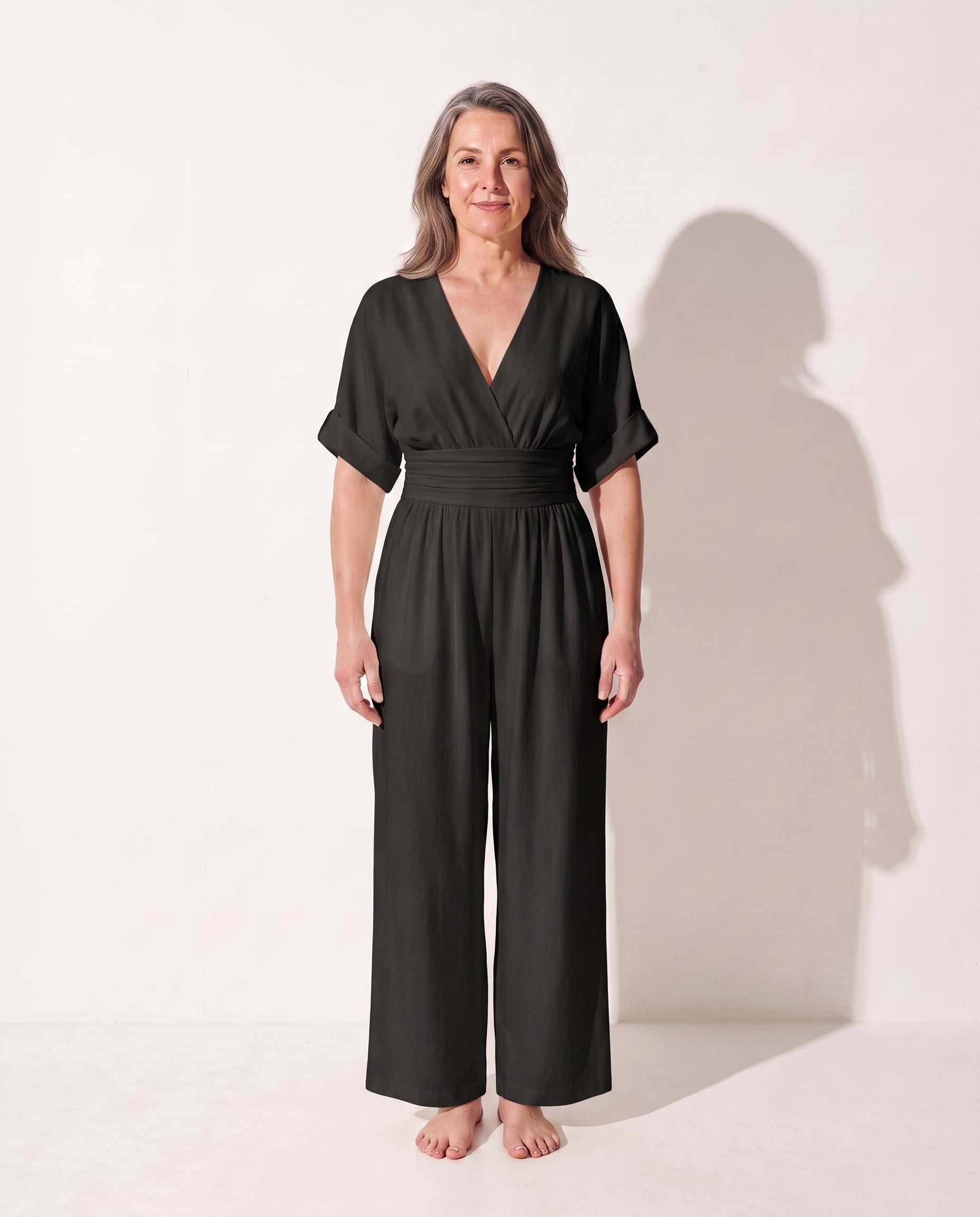 Hermione | Wide Leg Casual Jumpsuit With Cinched Waist Detail — Black