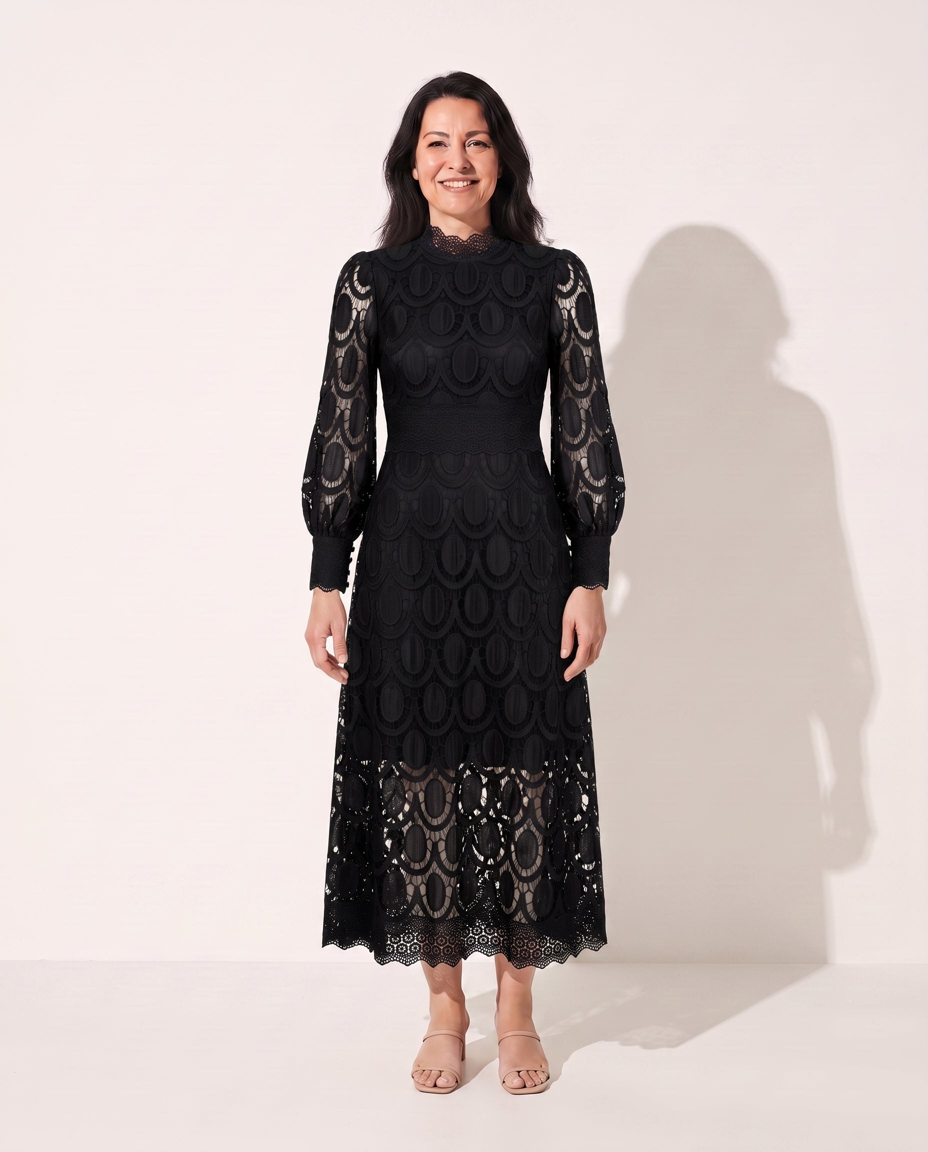Celestine | Long Sleeve Lace Midi Wedding Guest Dresses — Black