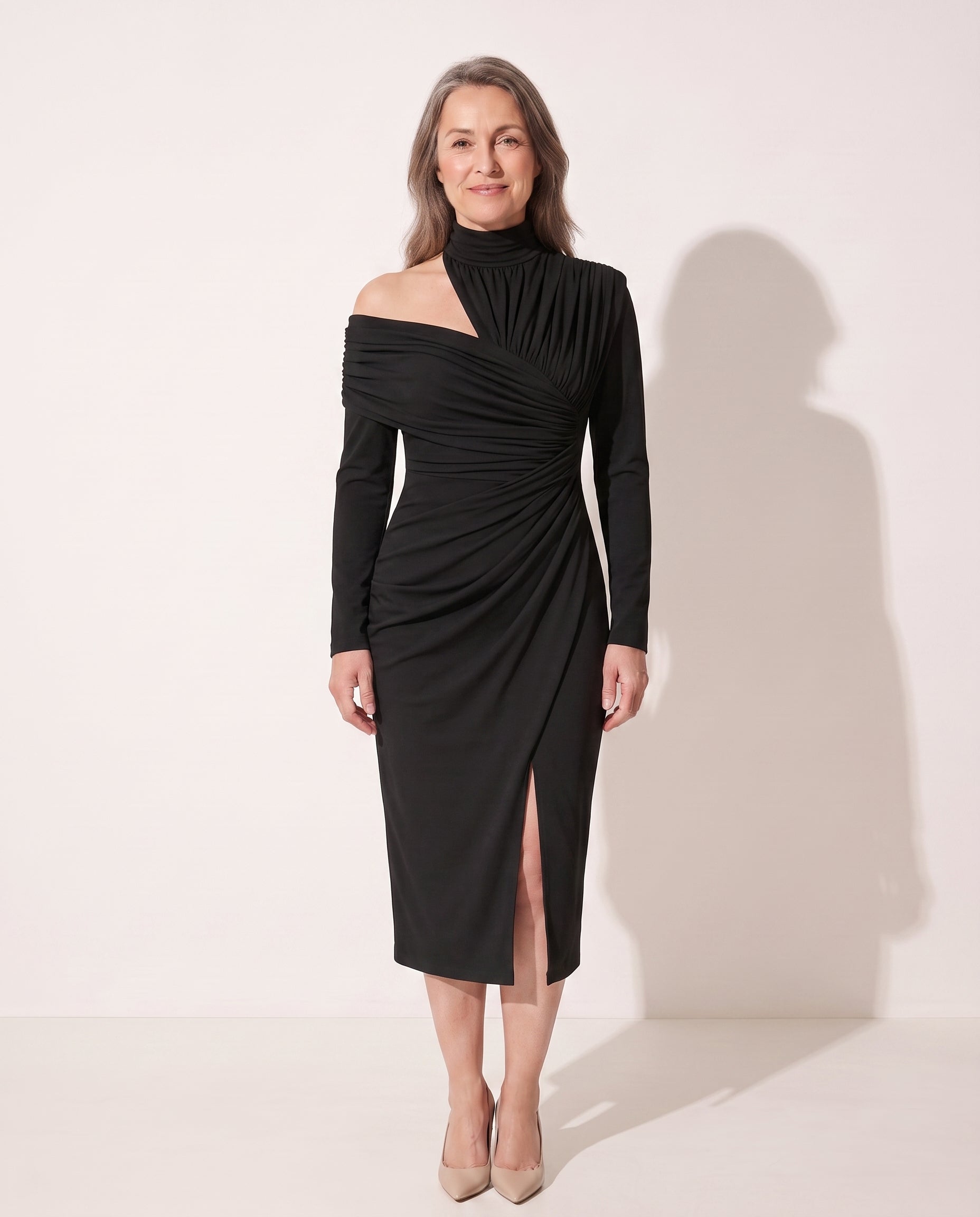 Romilly | Ruched One Shoulder Midi Wedding Guest Dress — Black