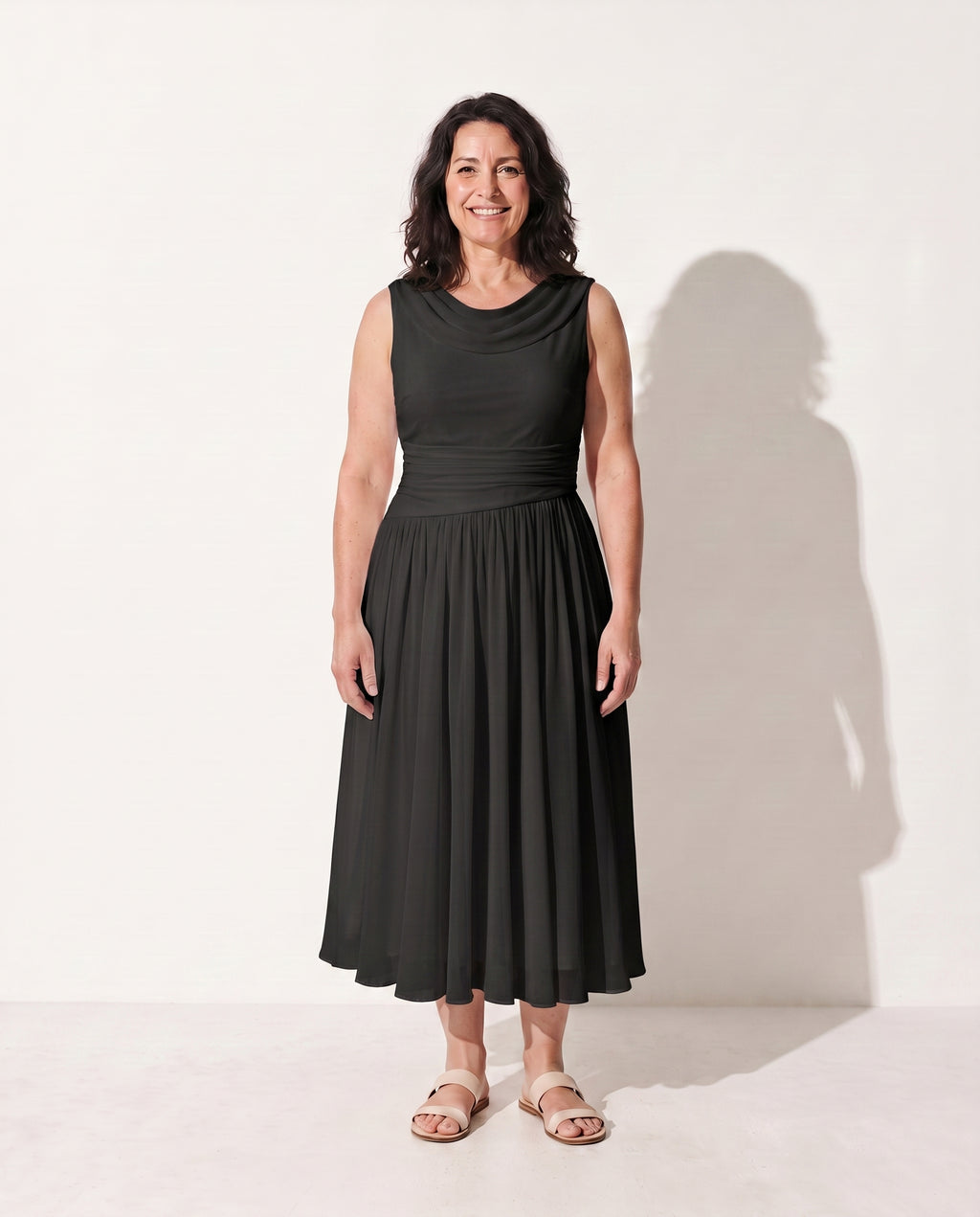 Sabine | Long Sleeve Pleated Midi Dress for Weddings & Occasions — Black