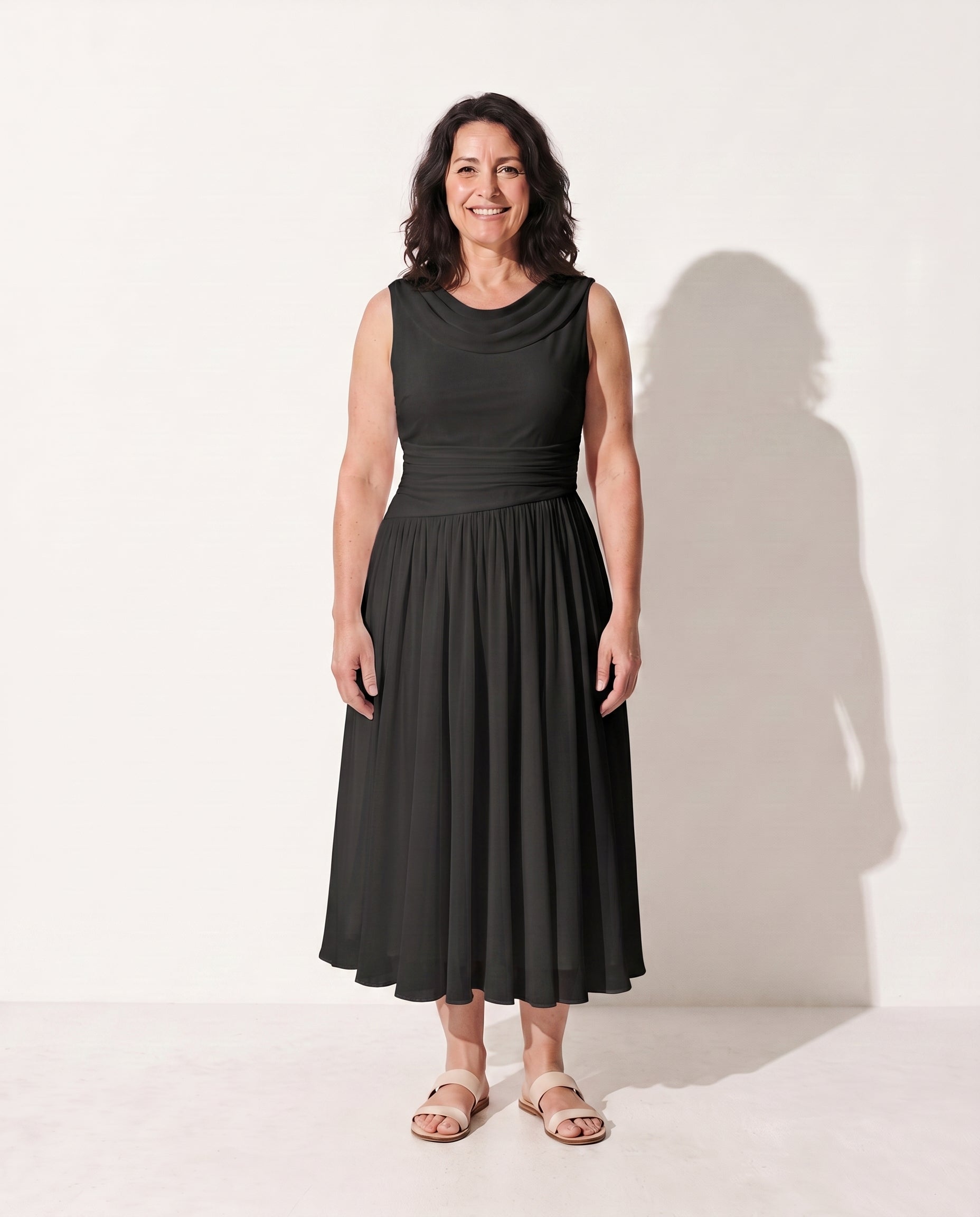 Sabine | Long Sleeve Pleated Midi Dress for Weddings & Occasions — Black