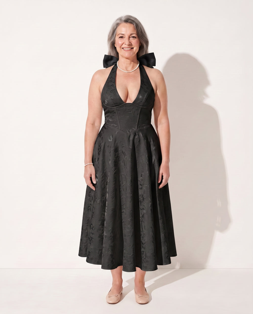 Floriane | Halter Neck Floral Print Midi Dress — Black