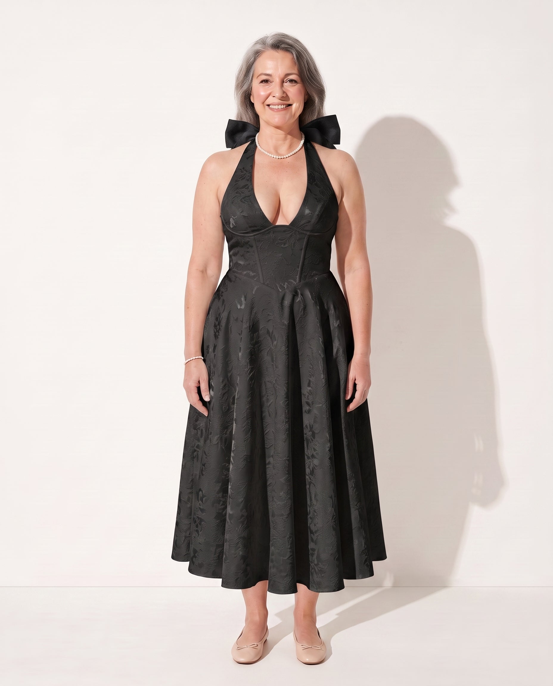 Floriane | Halter Neck Floral Print Midi Dress — Black