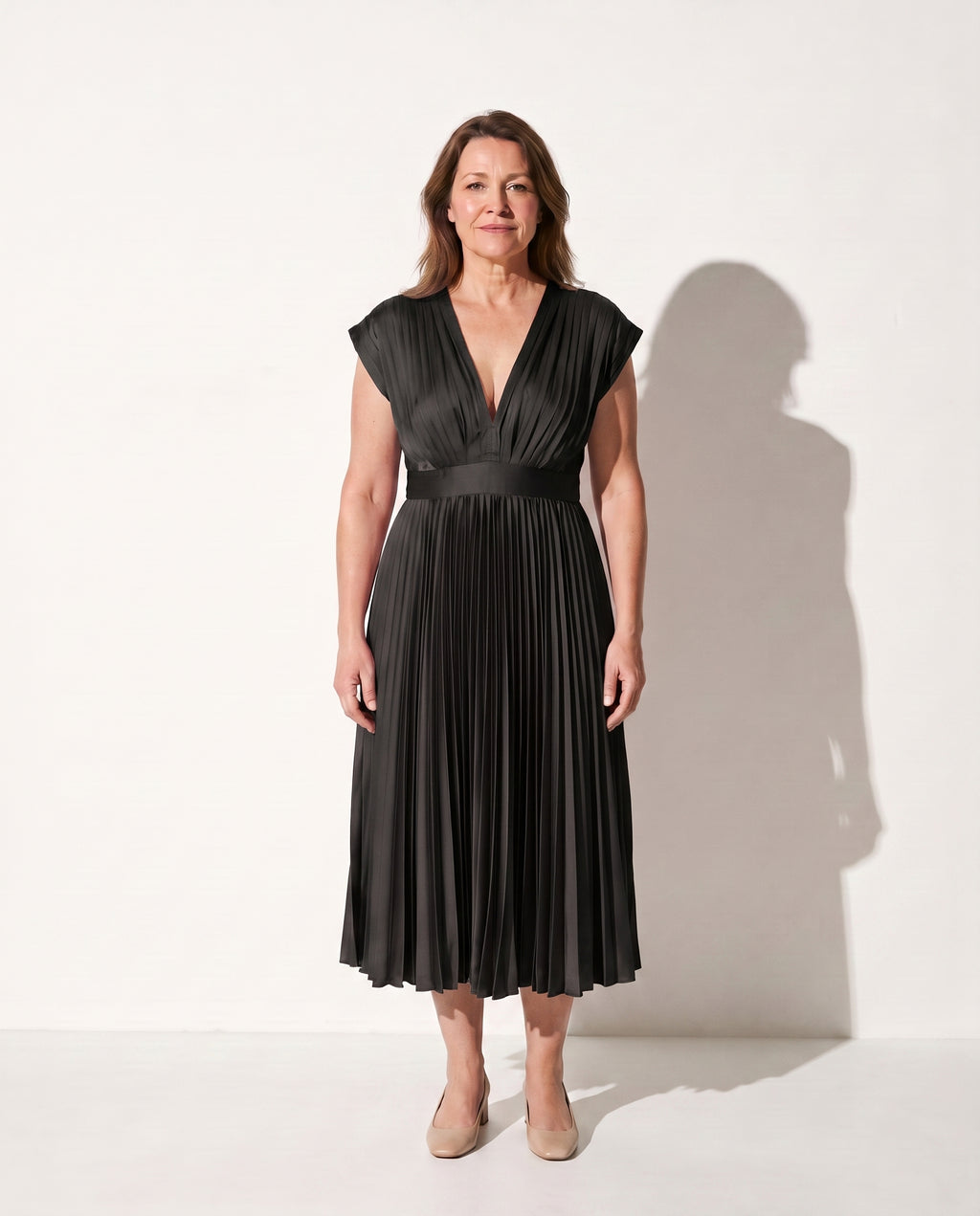 Esmee | Long Sleeve Wedding Guest Dresses Pleated Midi V-Neck — Black