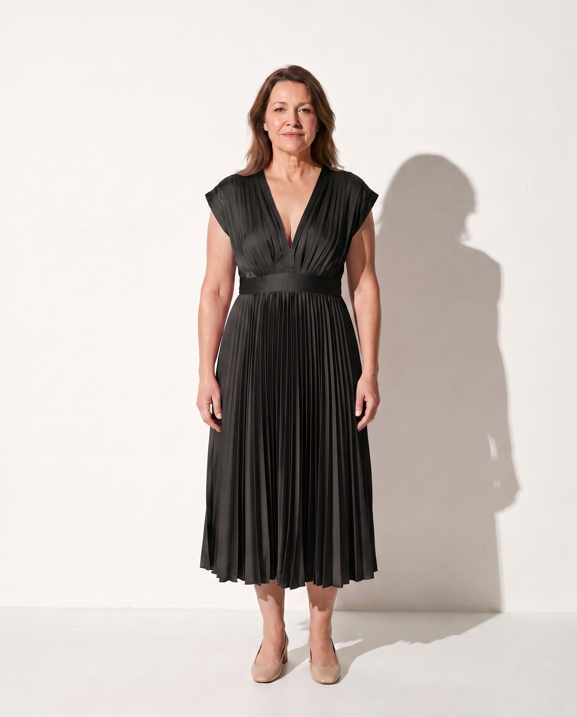 Esmee | Long Sleeve Wedding Guest Dresses Pleated Midi V-Neck — Black