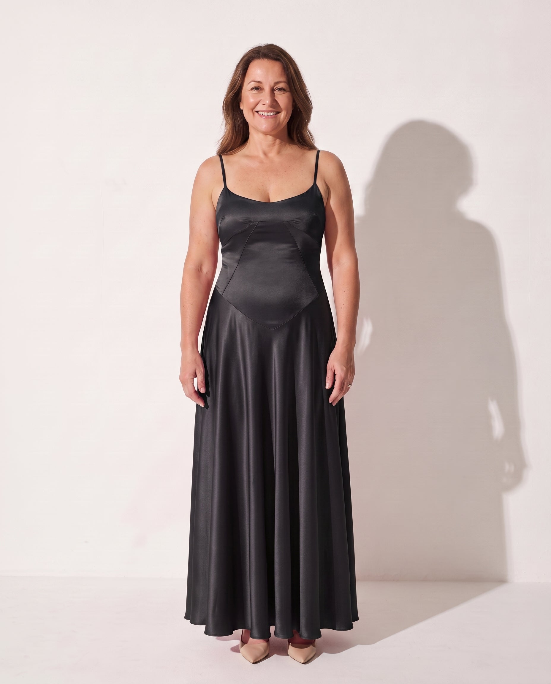 Camille | Long Sleeve Satin Wedding Guest Maxi Dress — Black