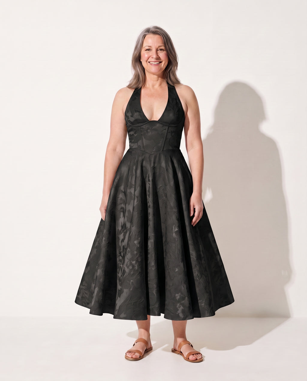 Honorine | Velvet Plunge Neck Midi Dress Occasion Fit Flare — Black