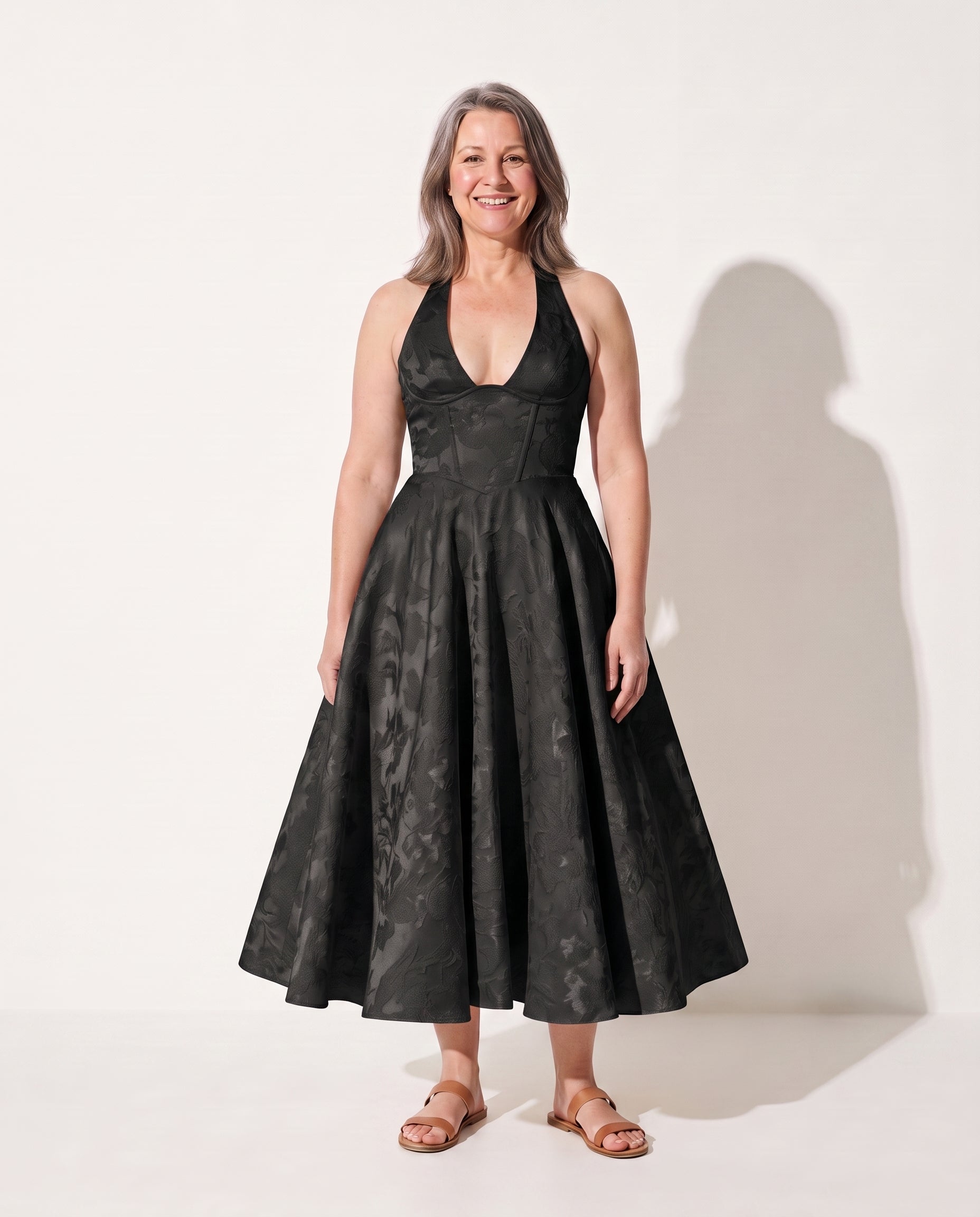 Honorine | Velvet Plunge Neck Midi Dress Occasion Fit Flare — Black