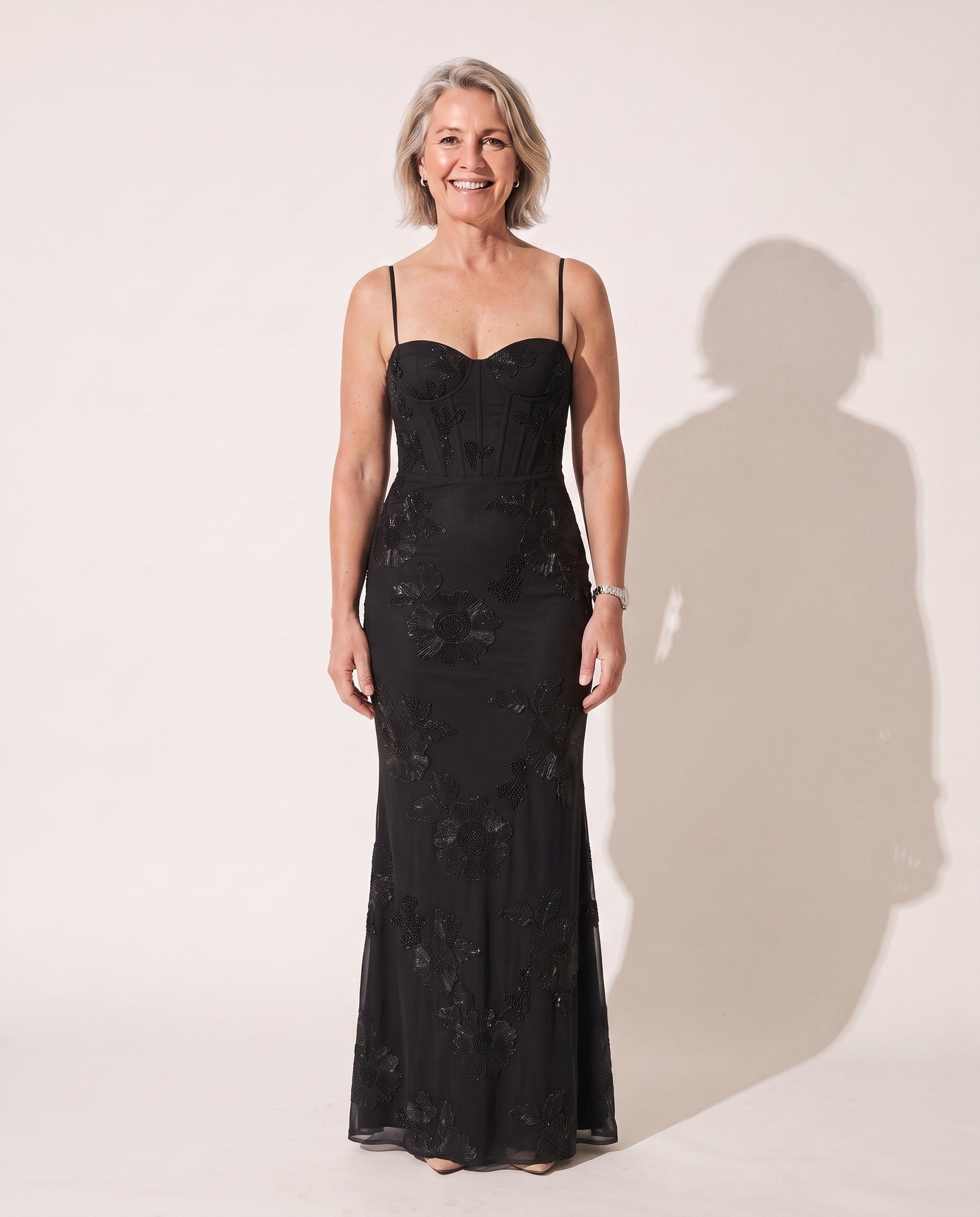 Philippa | Red Floral Corset Maxi Dress — Black