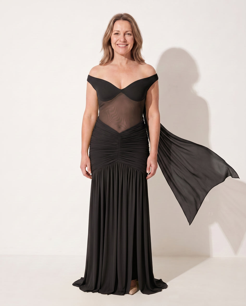 Yolanda | Evening Off Shoulder Ruched Mesh Maxi Dresses — Black