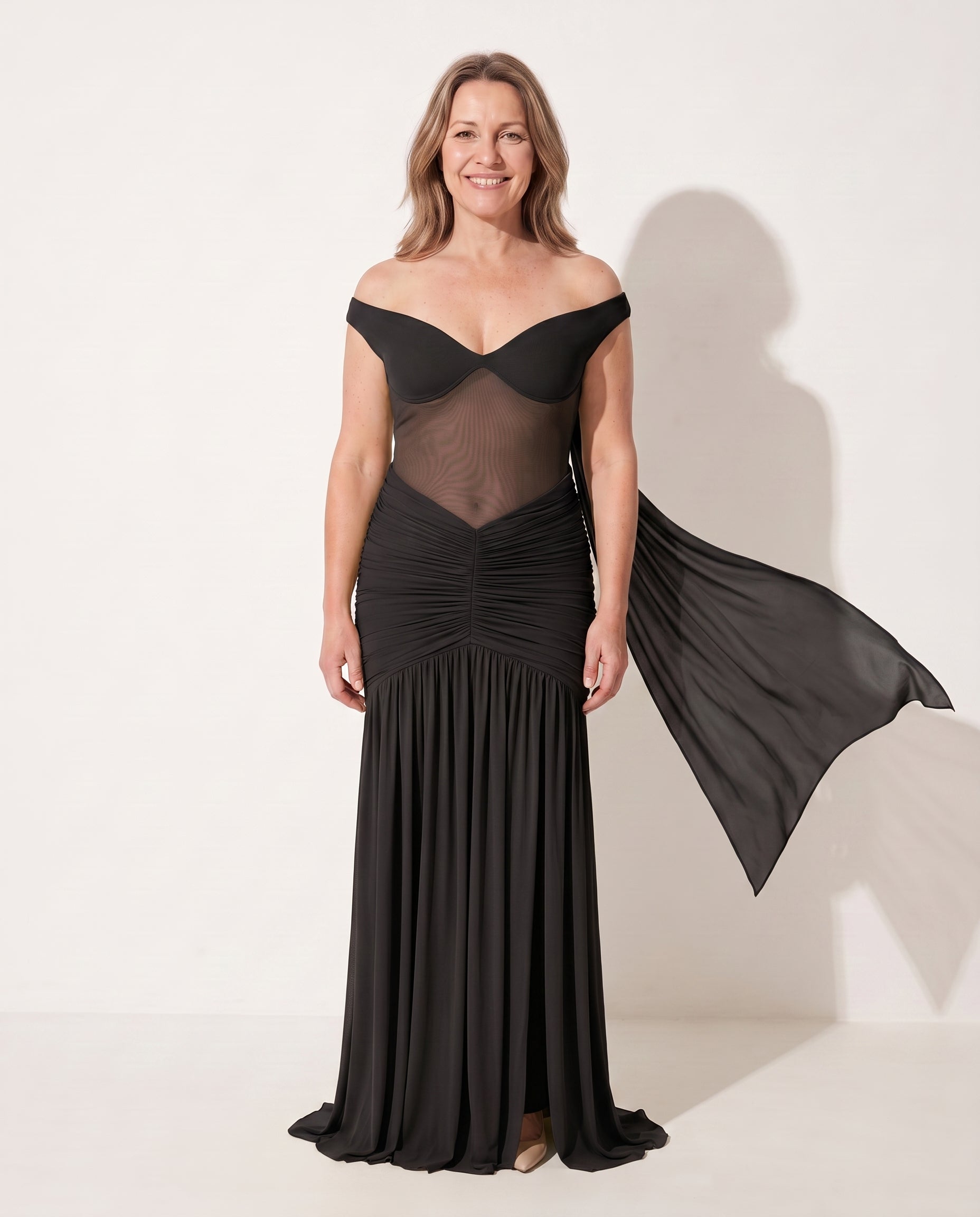 Yolanda | Evening Off Shoulder Ruched Mesh Maxi Dresses — Black
