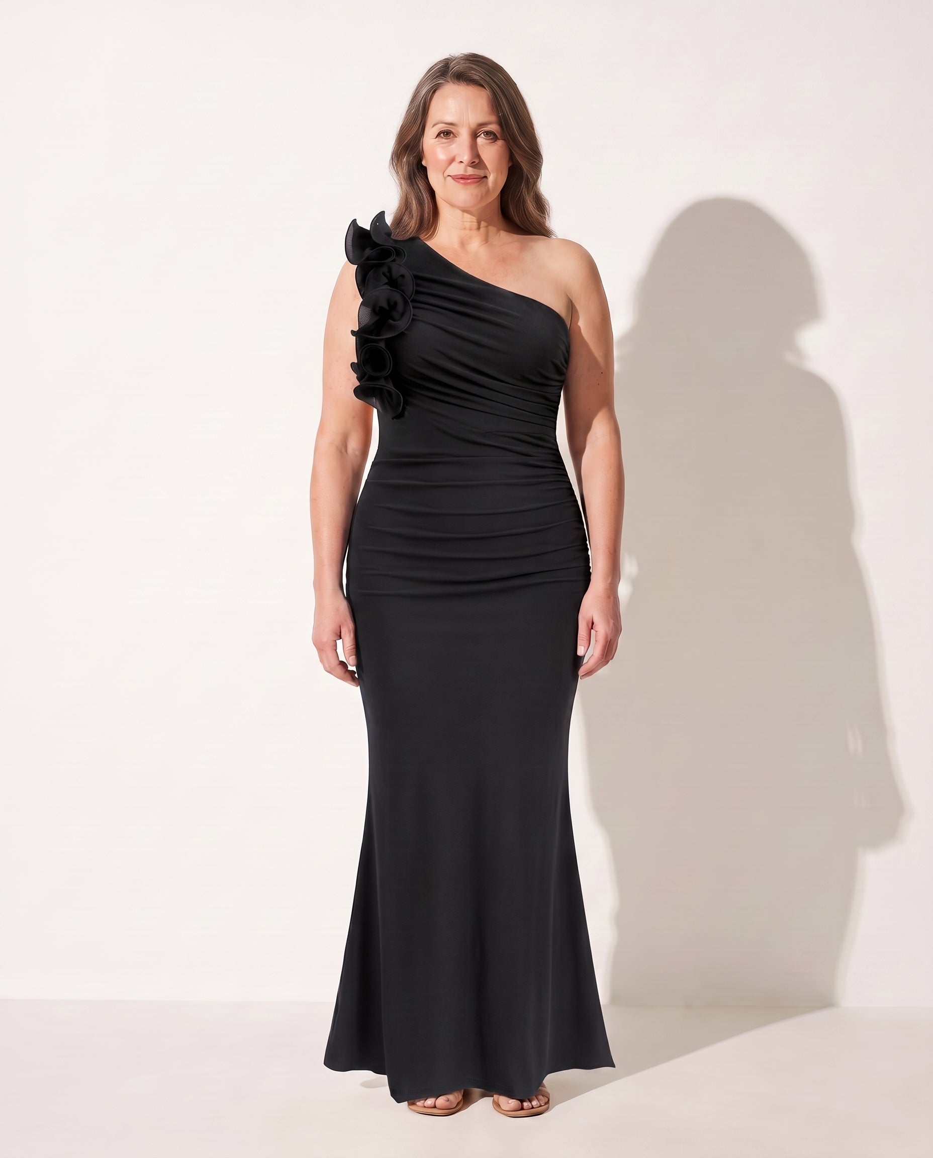 Bryony | Wedding Guest Dresses With Sleeves Ruffle Maxi — Black