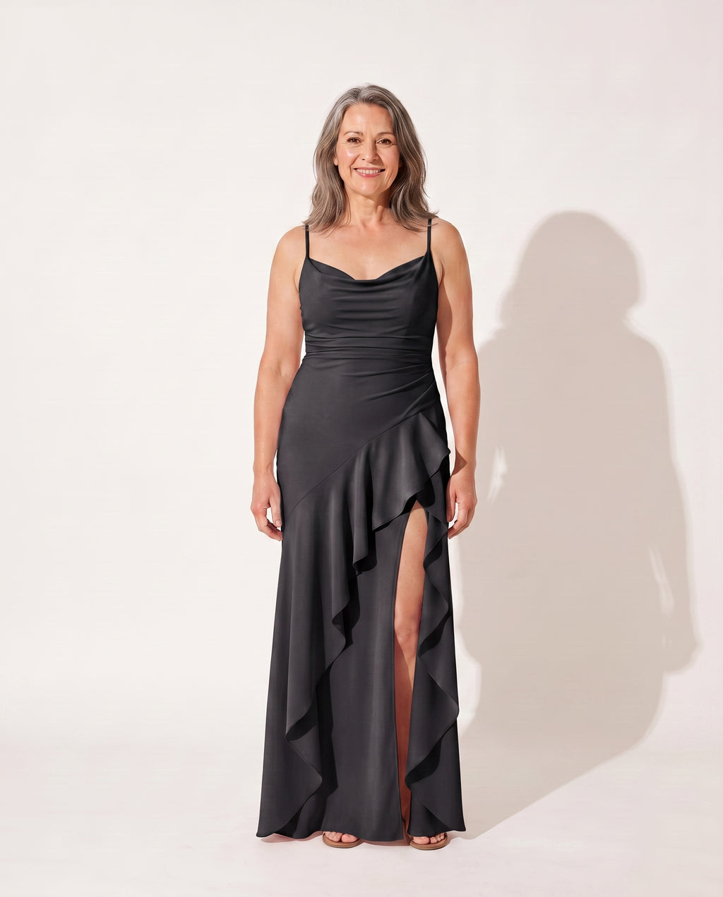 Constance | Long Sleeve Satin Maxi Dress Evening Formal — Black