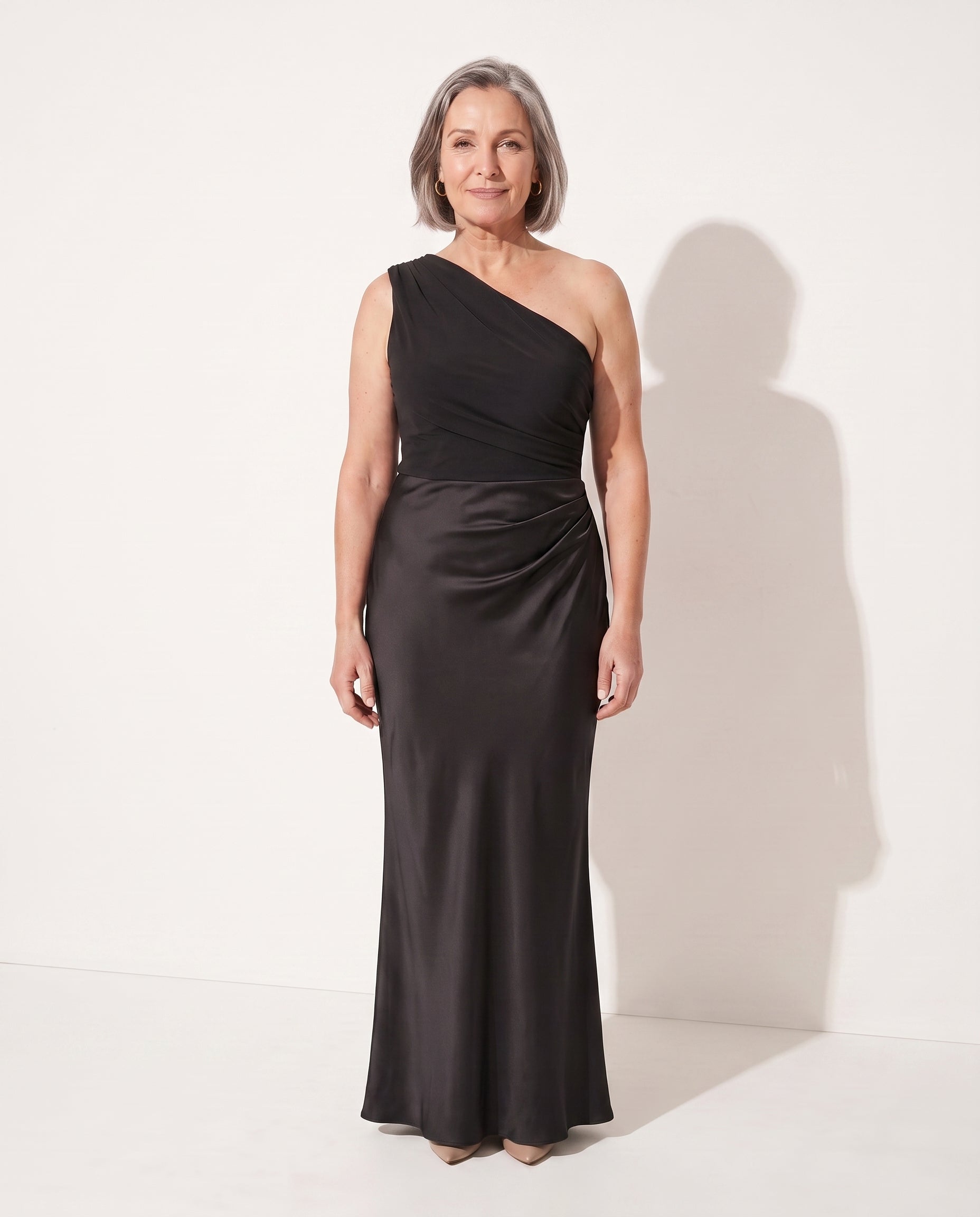 Isolde | Long Sleeve Satin Maxi Wedding Guest Dress — Black