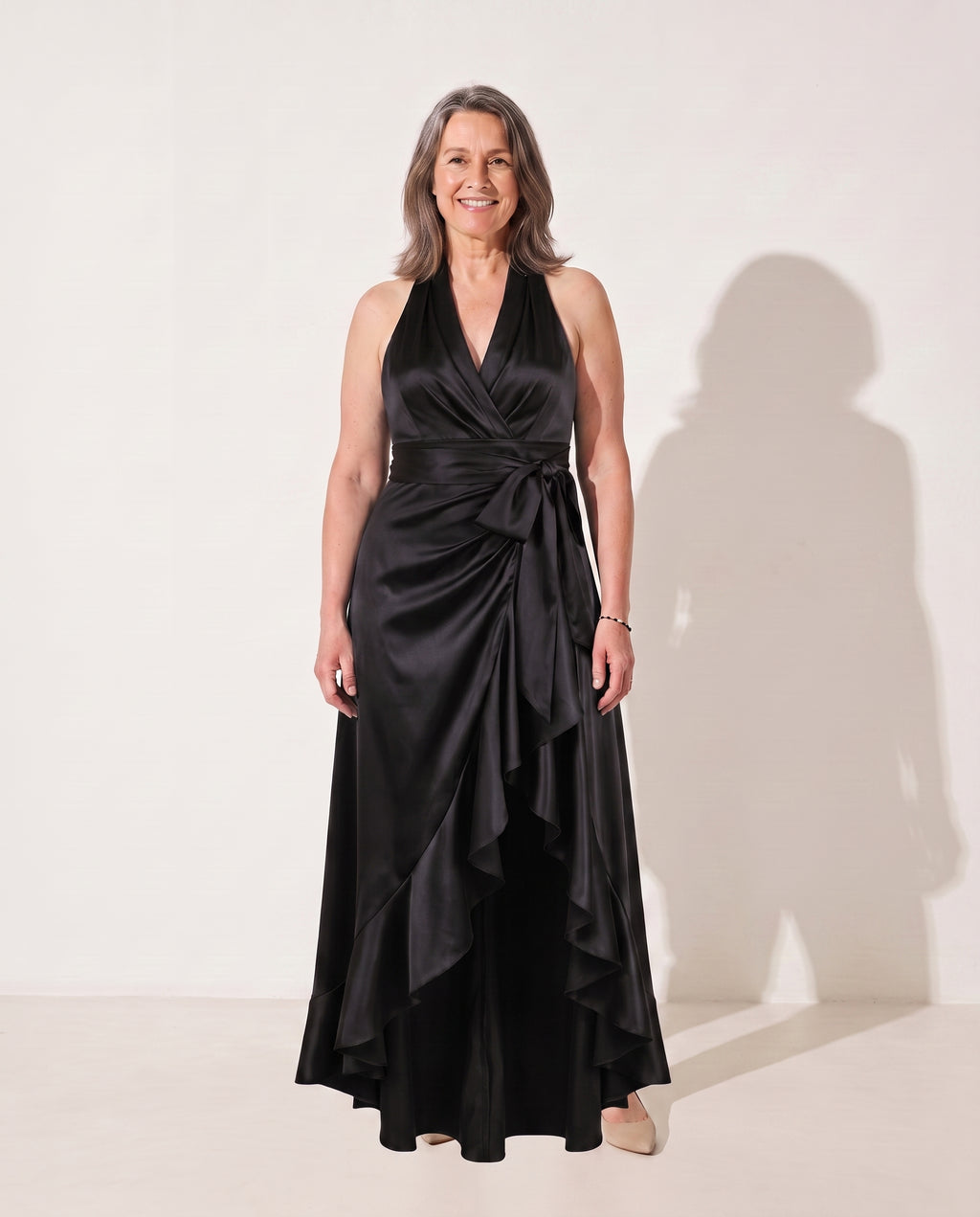 Cosima | Evening Maxi Dresses Halter Neck Satin Ruffle Hem — Black