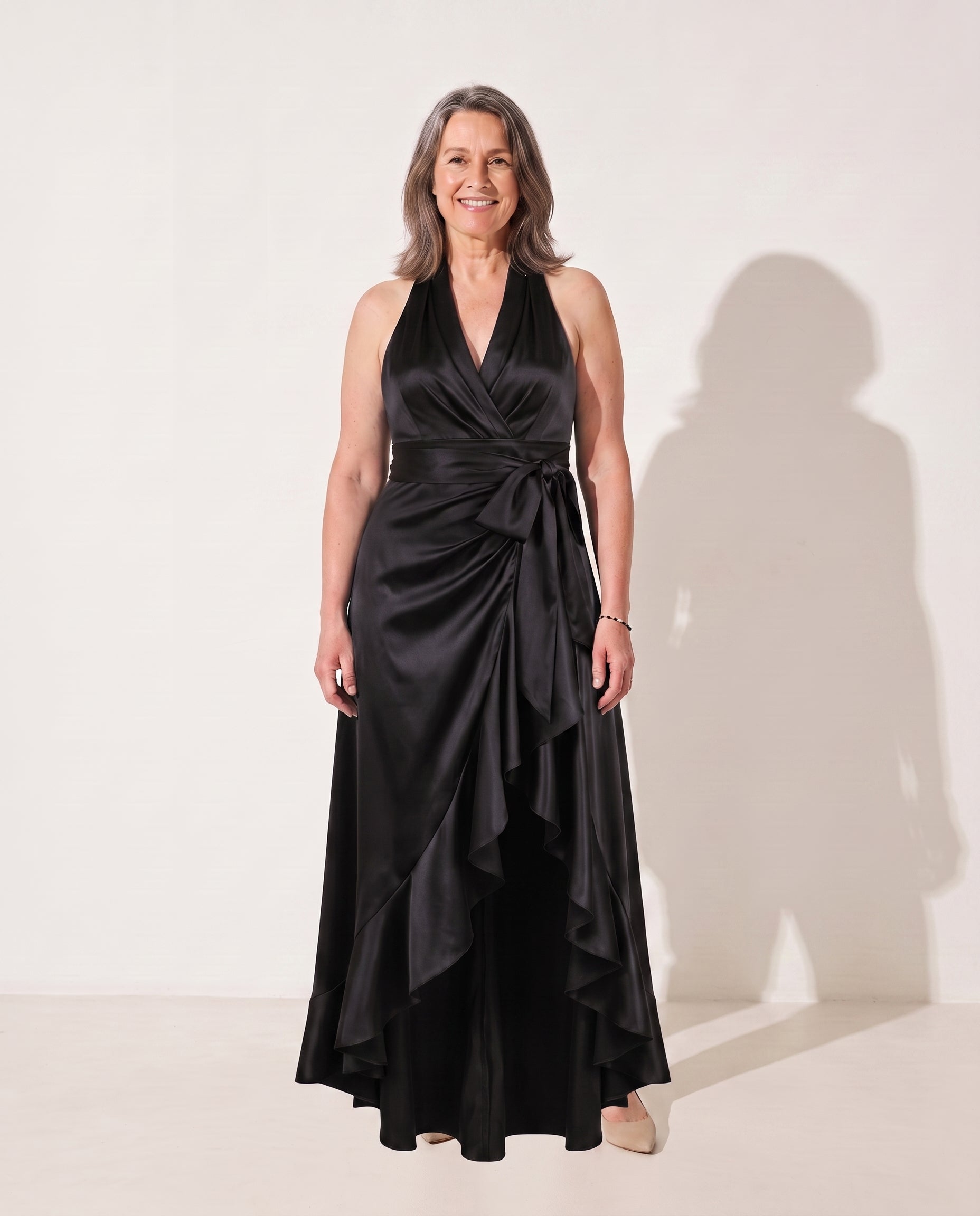 Cosima | Evening Maxi Dresses Halter Neck Satin Ruffle Hem — Black