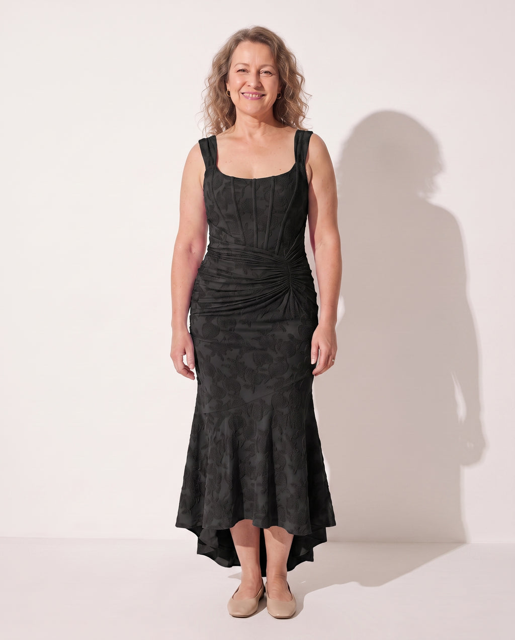 Ingrid | Ruched Square Neck Evening Maxi Dress — Black