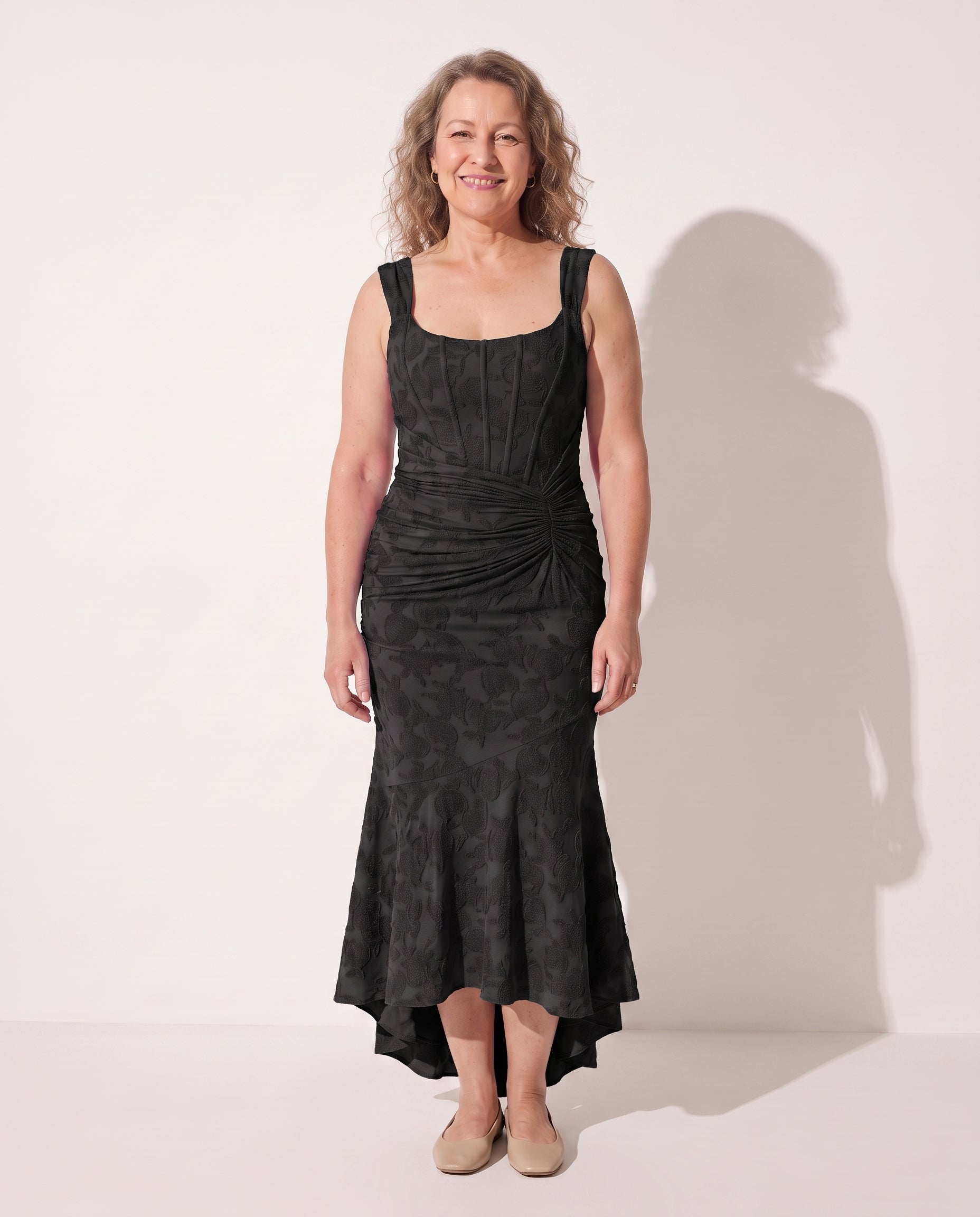 Ingrid | Ruched Square Neck Evening Maxi Dress — Black