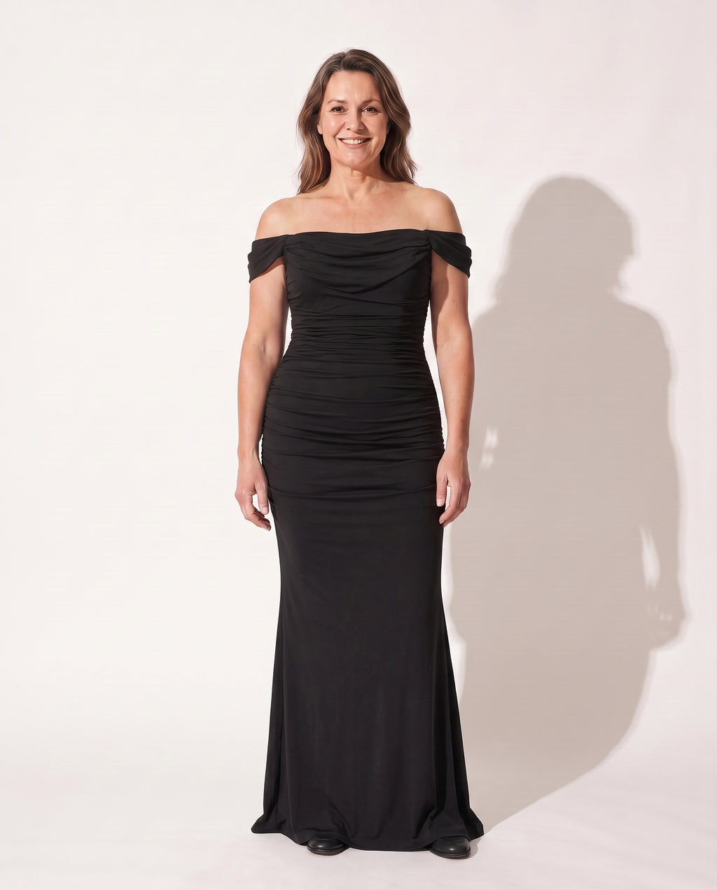Violaine | Long Sleeve Wedding Guest Dresses Ruched Maxi Gown — Black