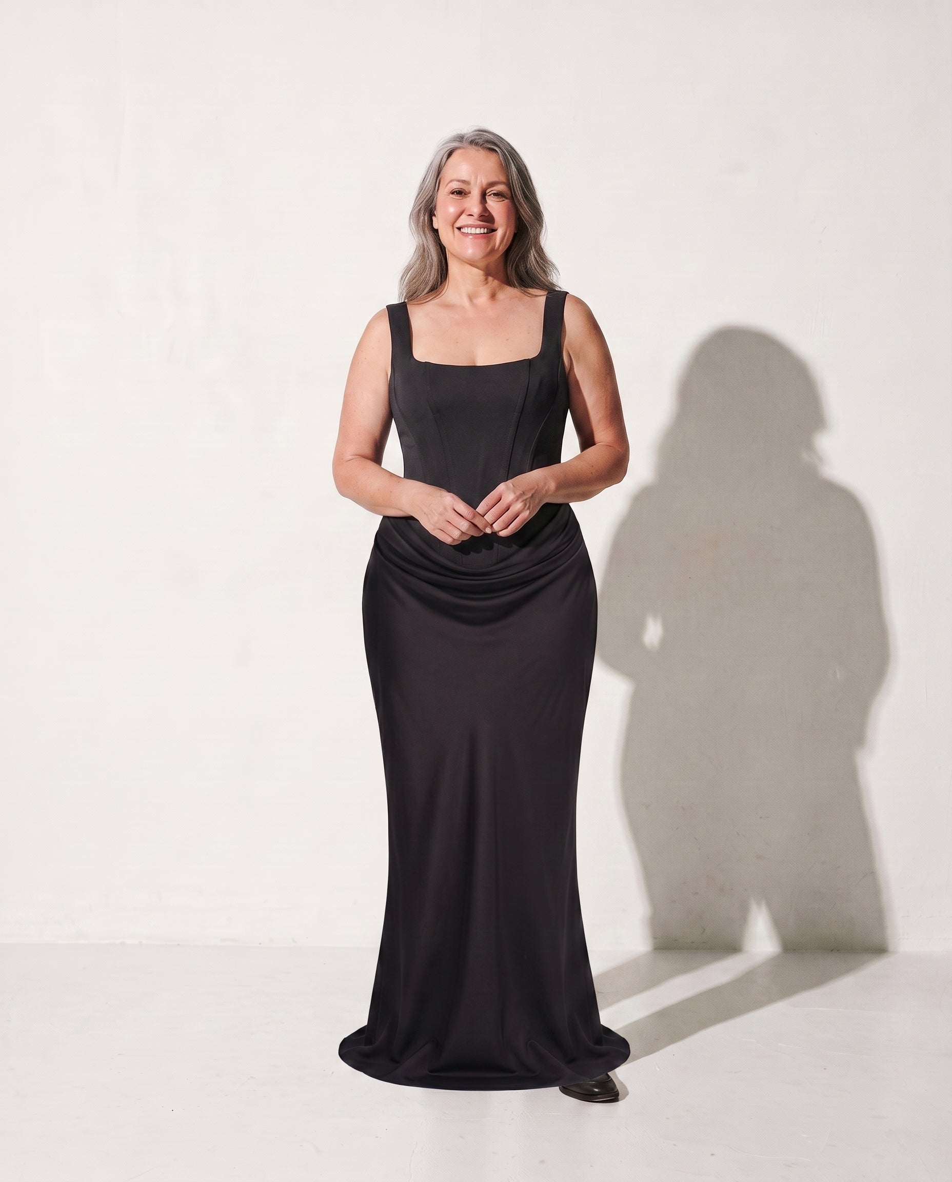 Rosanna | Square Neck Bodycon Maxi Winter Wedding Guest Dress — Black