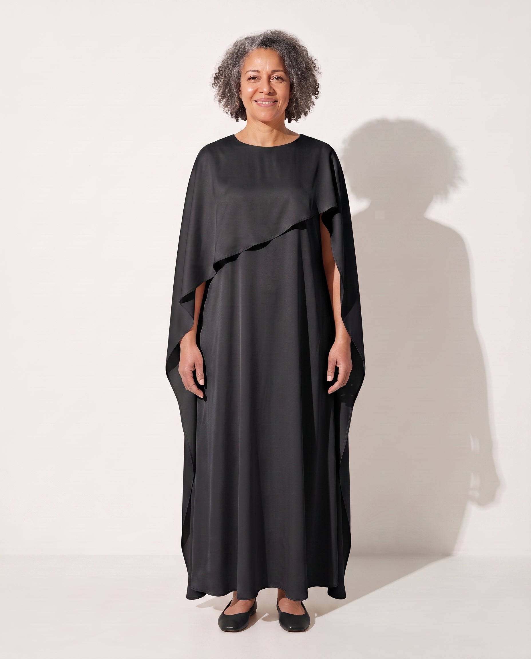 Faustine | Draped Cape Evening Maxi Dresses Floor Length — Black