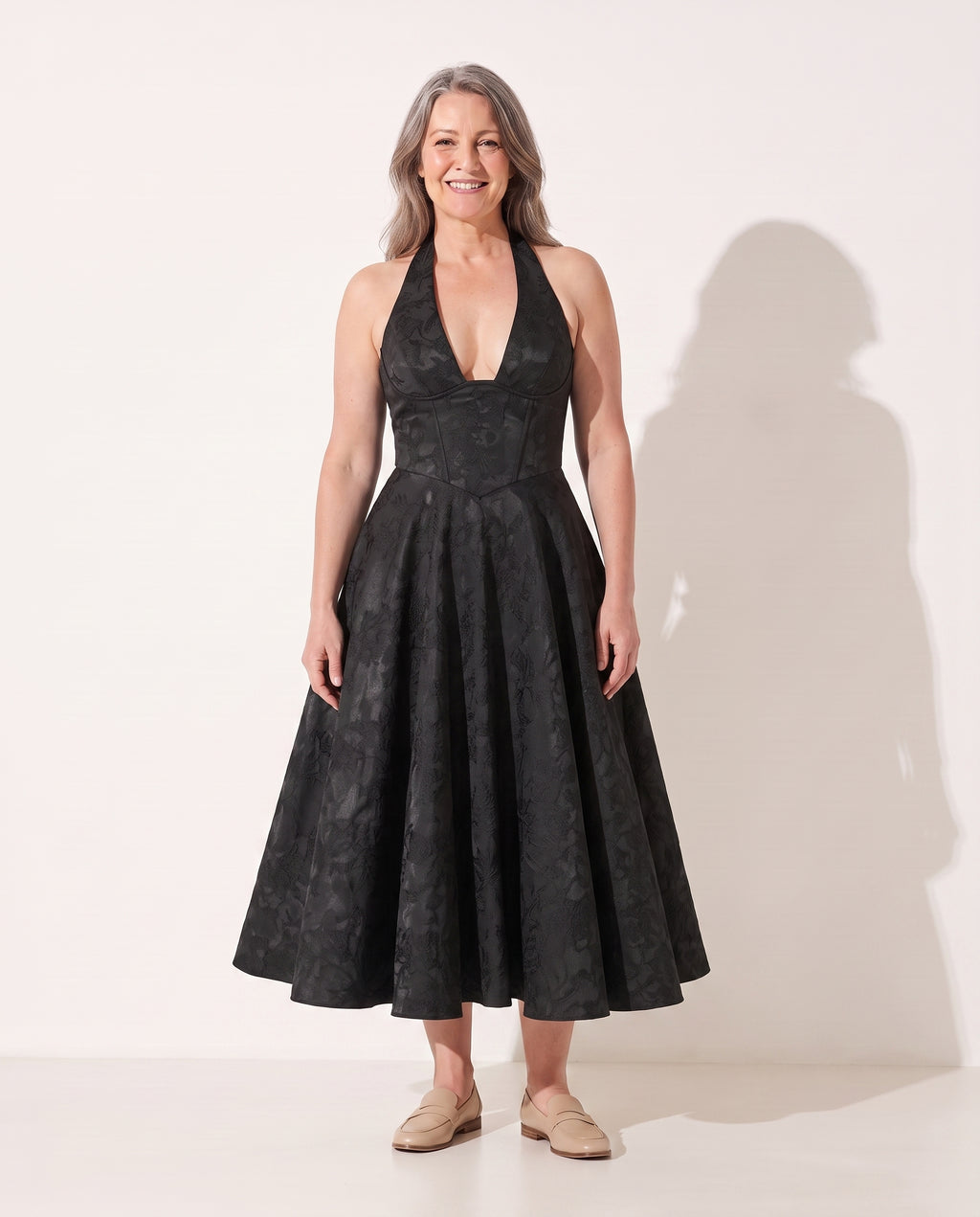Constance | Women Velvet Halter Midi Dress Wedding Guest — Black
