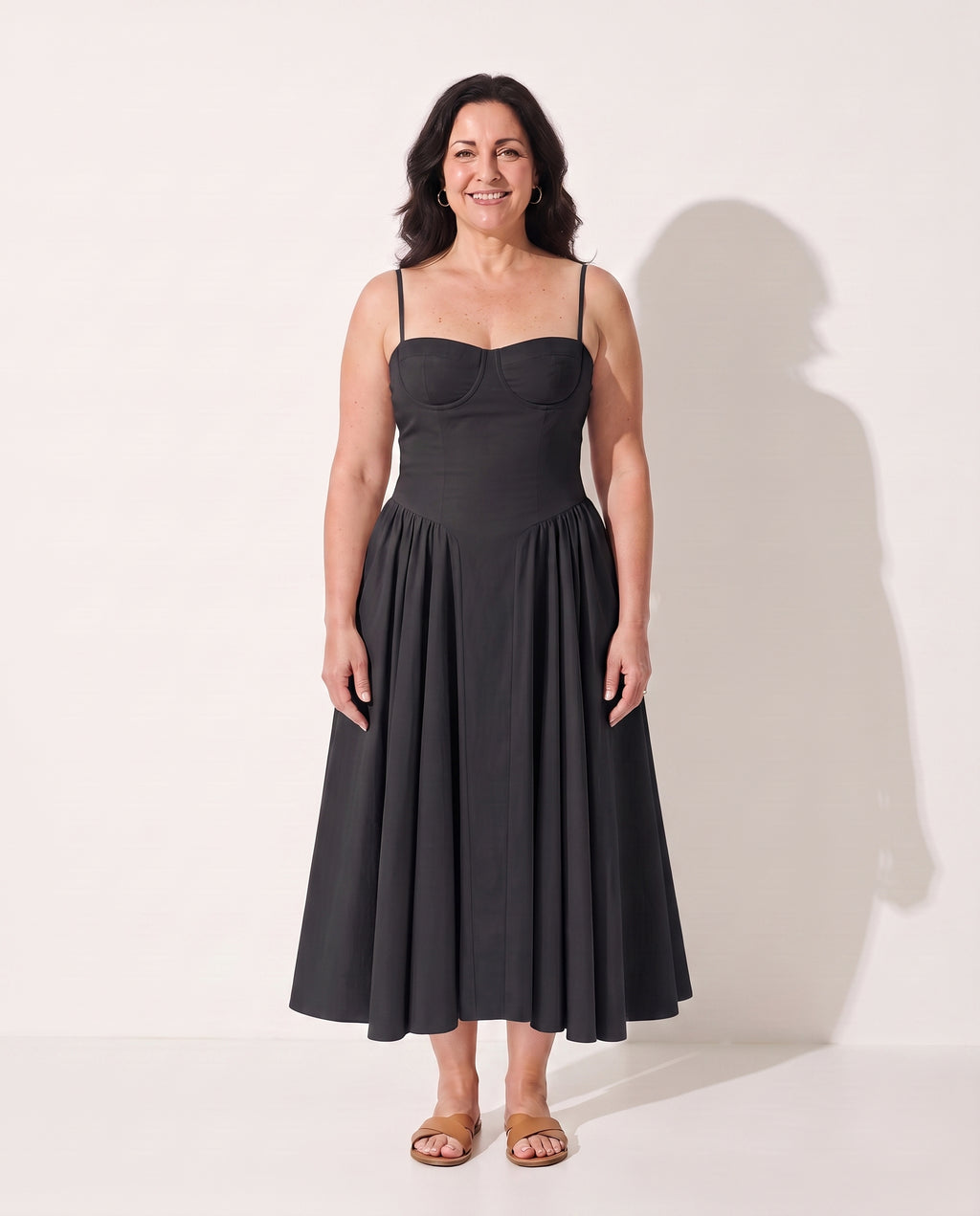 Ninon | Red Corset Dress Midi Underwired Sweetheart Neckline — Black