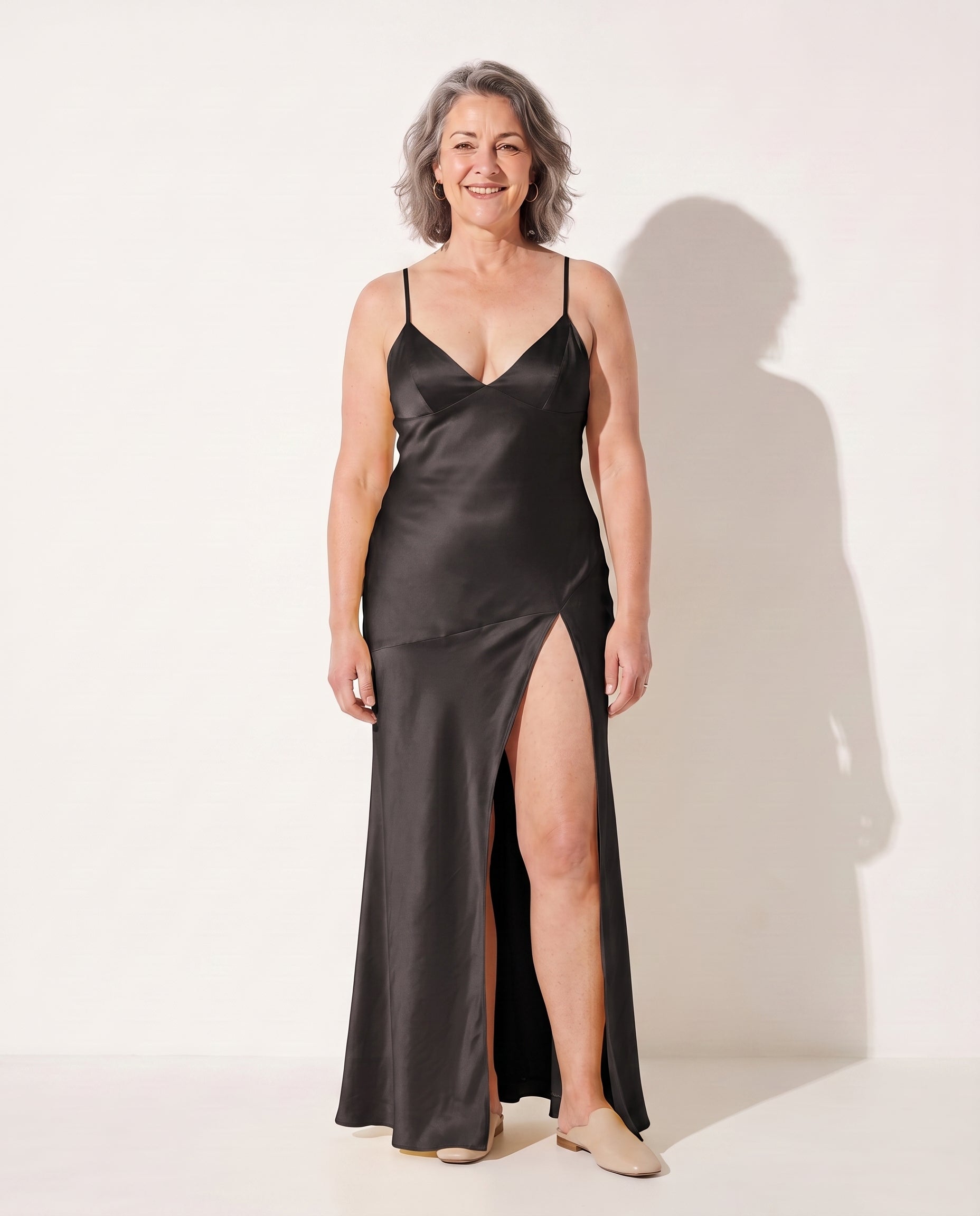 Henriette | Satin Side Split Wedding Guest Maxi Dresses — Black