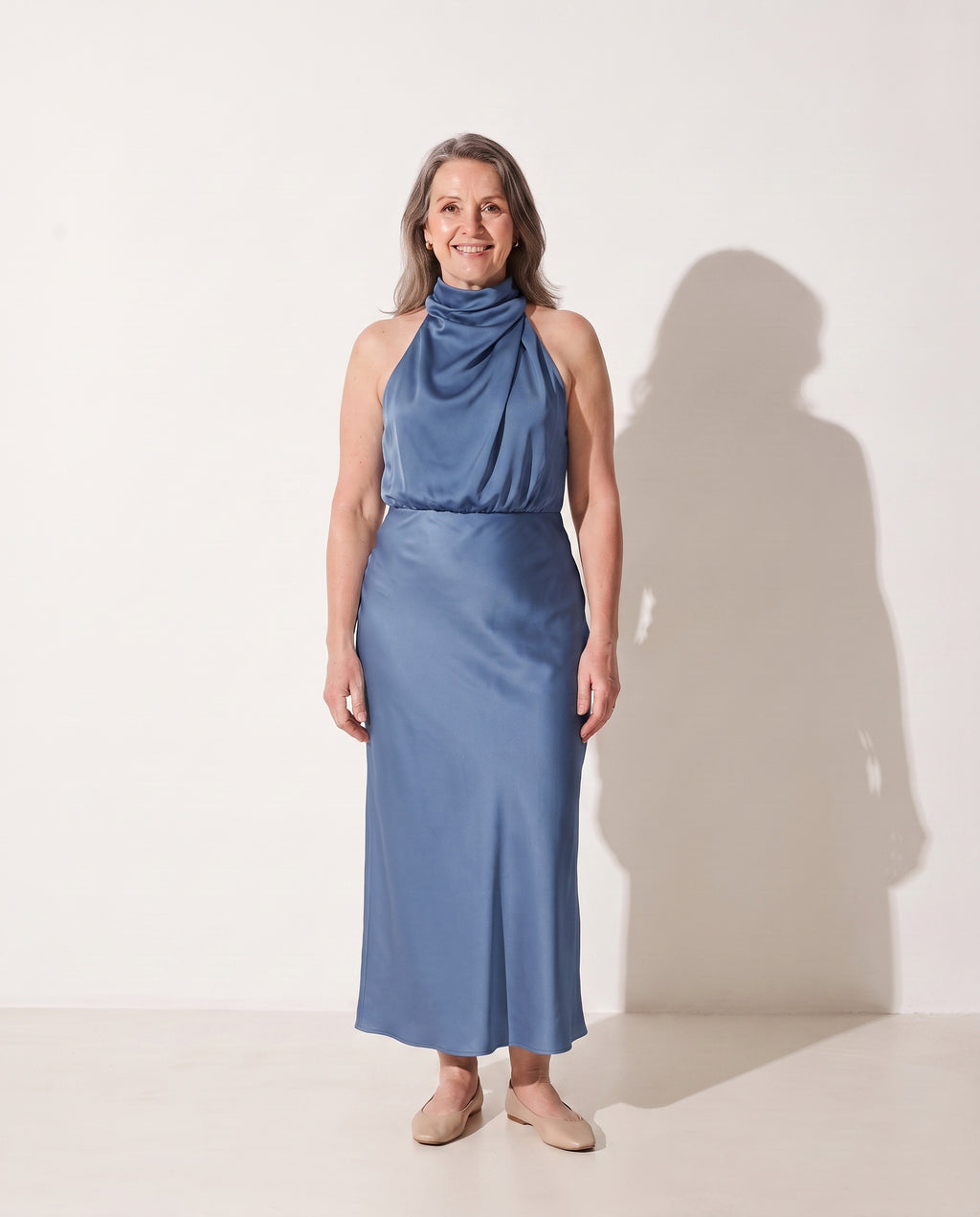 Francesca | Cinderella Wedding Dress Cowl Neck Satin Slip Midi — Blue