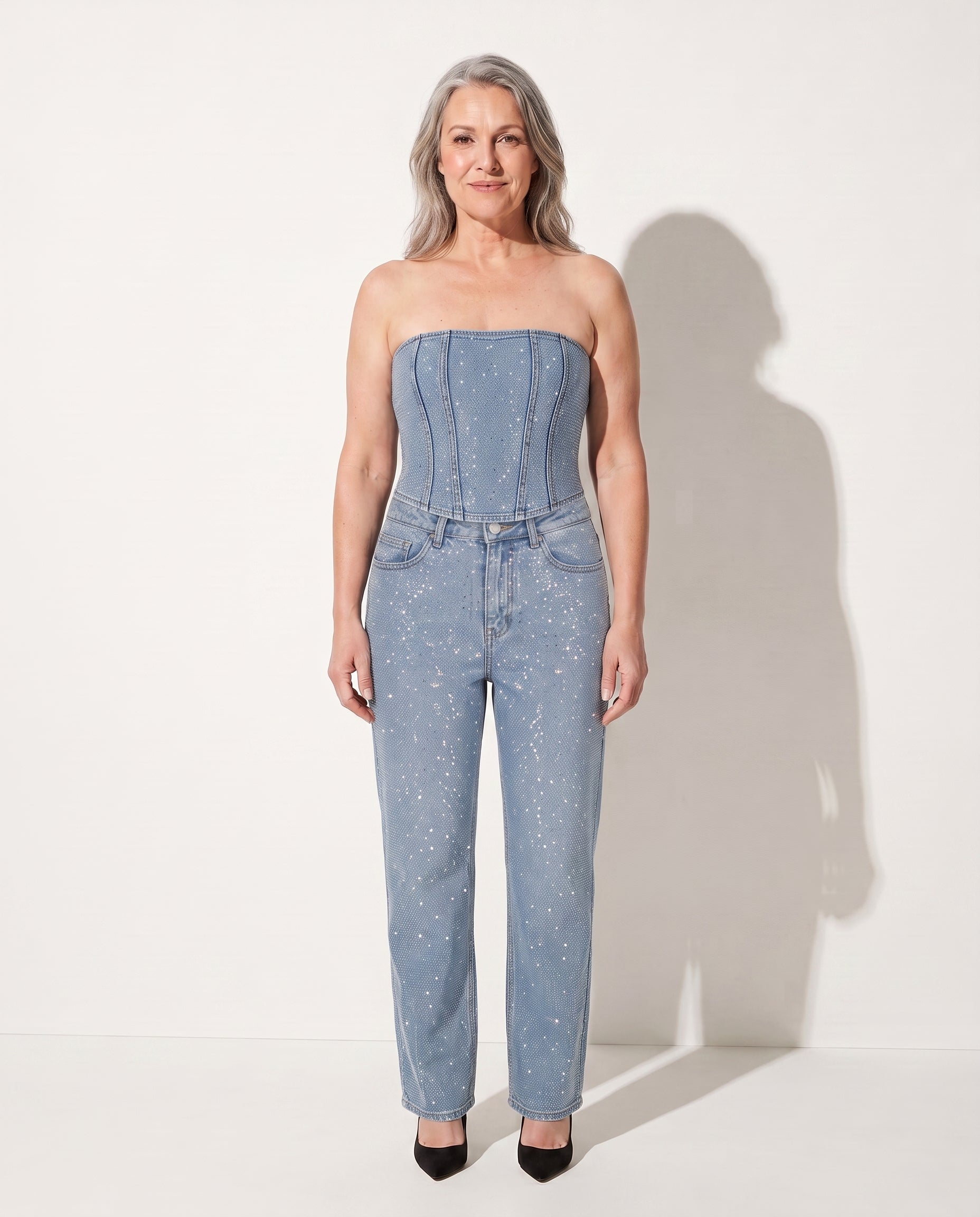 Bryony | Sequin Denim Palazzo Pants & Corset Top Co-Ord Set — Blue