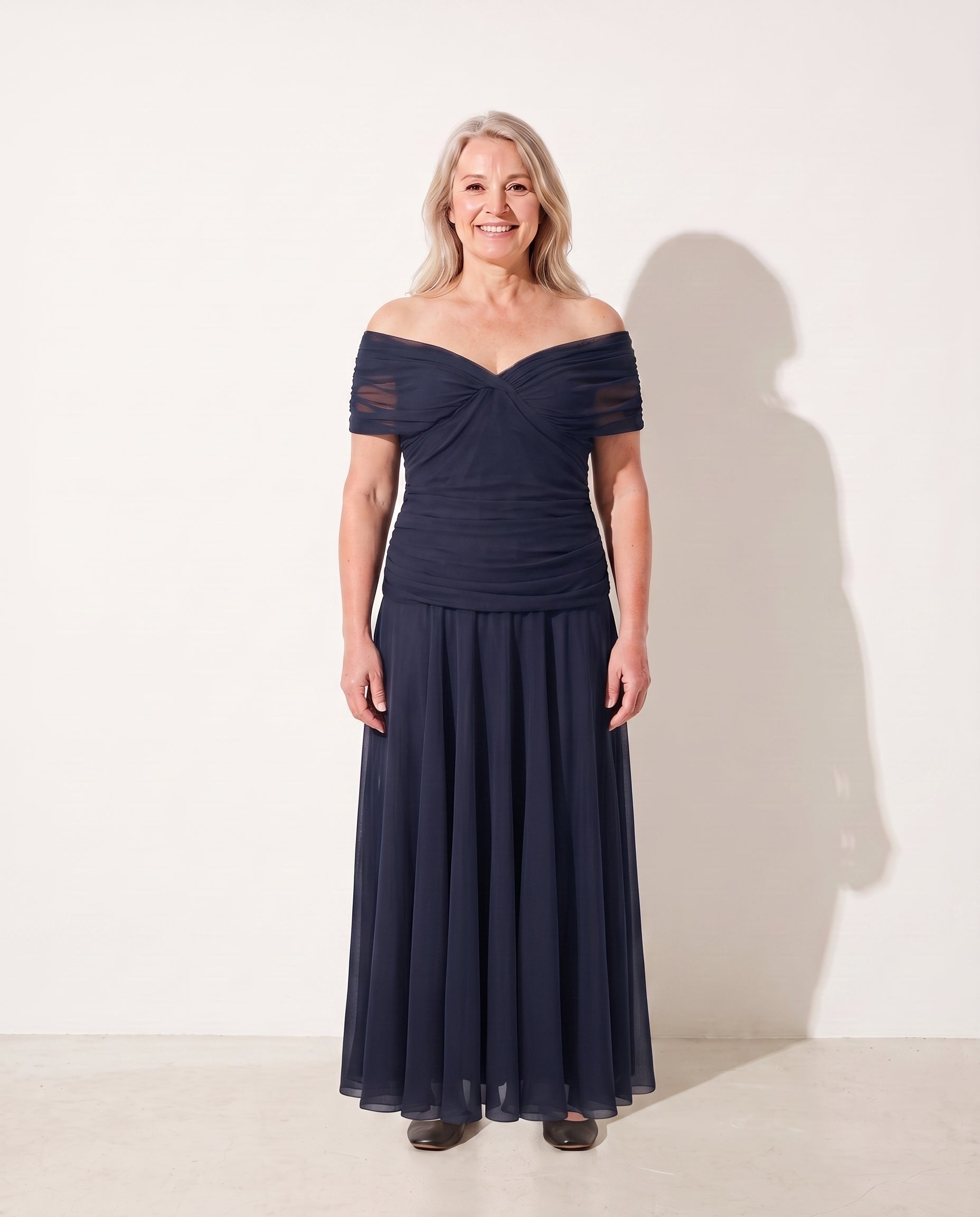 Genevieve | Bebe Off-Shoulder Ruched Dresses Evening Wear — Blue