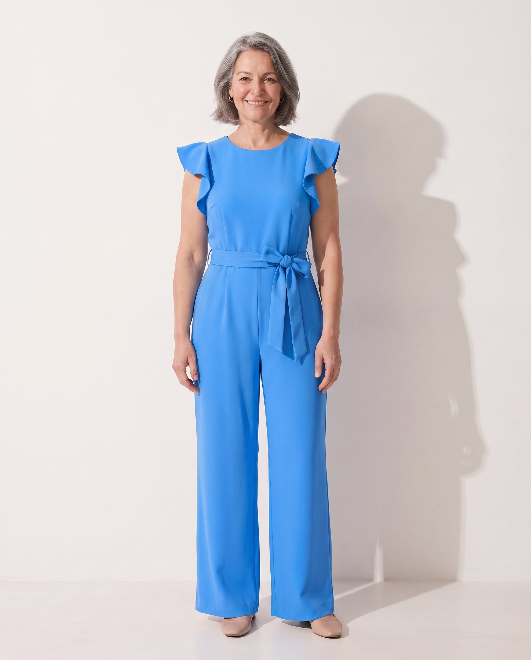 Fleur | Elegant Evening Jumpsuit With Ruffle Tie Waist Detail — Blue