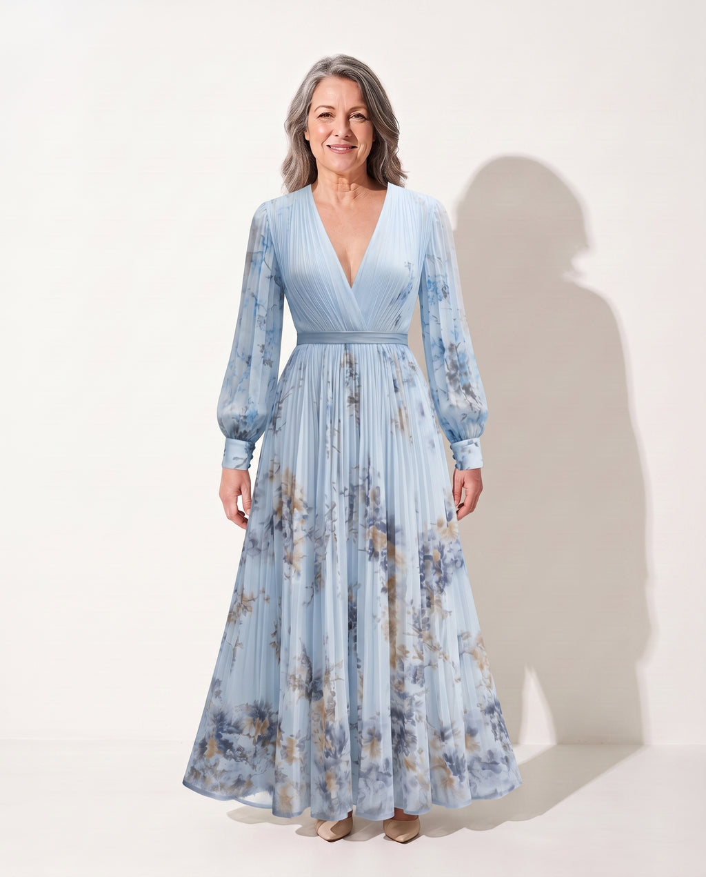 Floriane | Long Sleeve Floral Maxi Wedding Guest Dresses — Blue (7 Left)