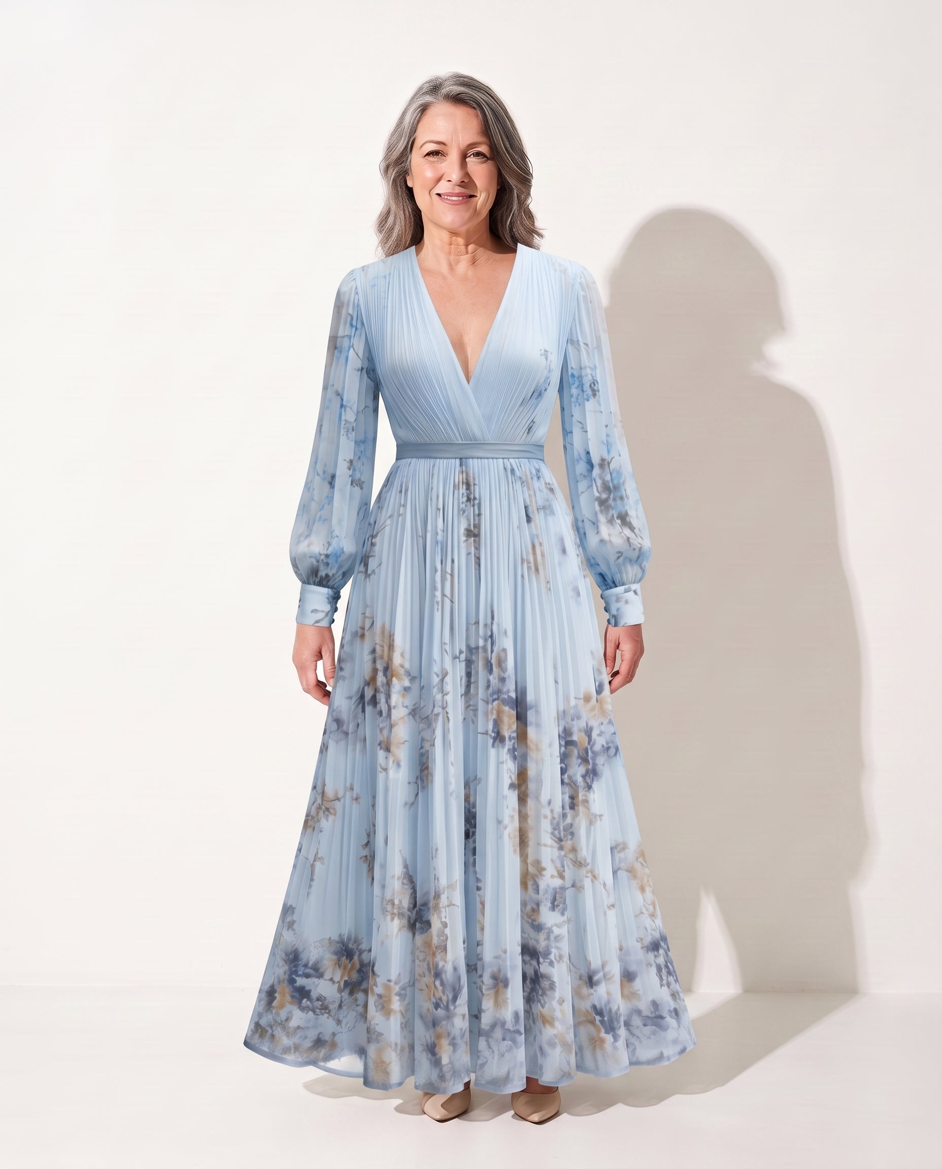 Floriane | Long Sleeve Floral Maxi Wedding Guest Dresses — Blue (7 Left)