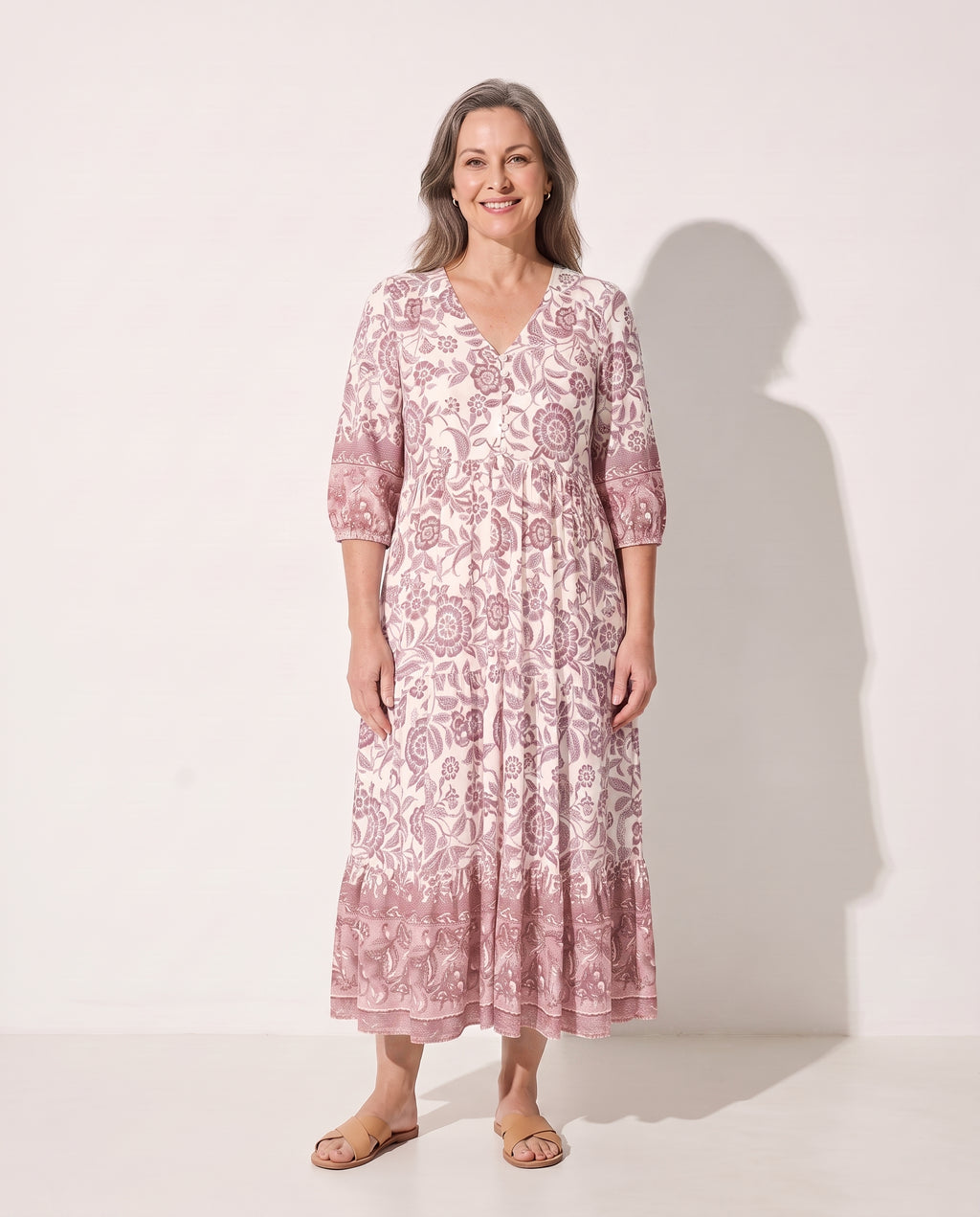 Faustine | Long Sleeve Floral Midi Dress For Garden Parties — Blush