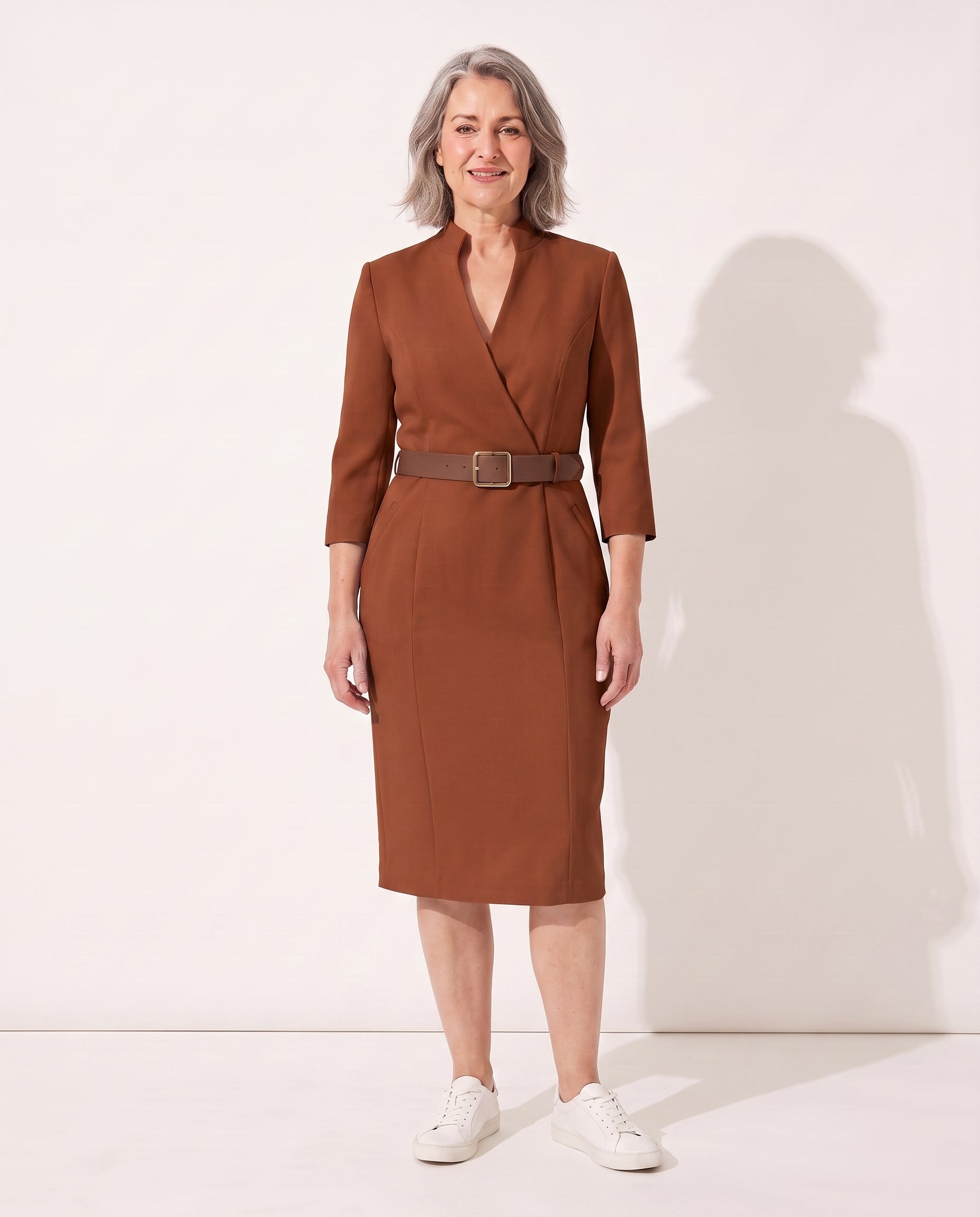 Sabine | Women Long Sleeve Midi Dress For Work & Occasion Wear — Brown