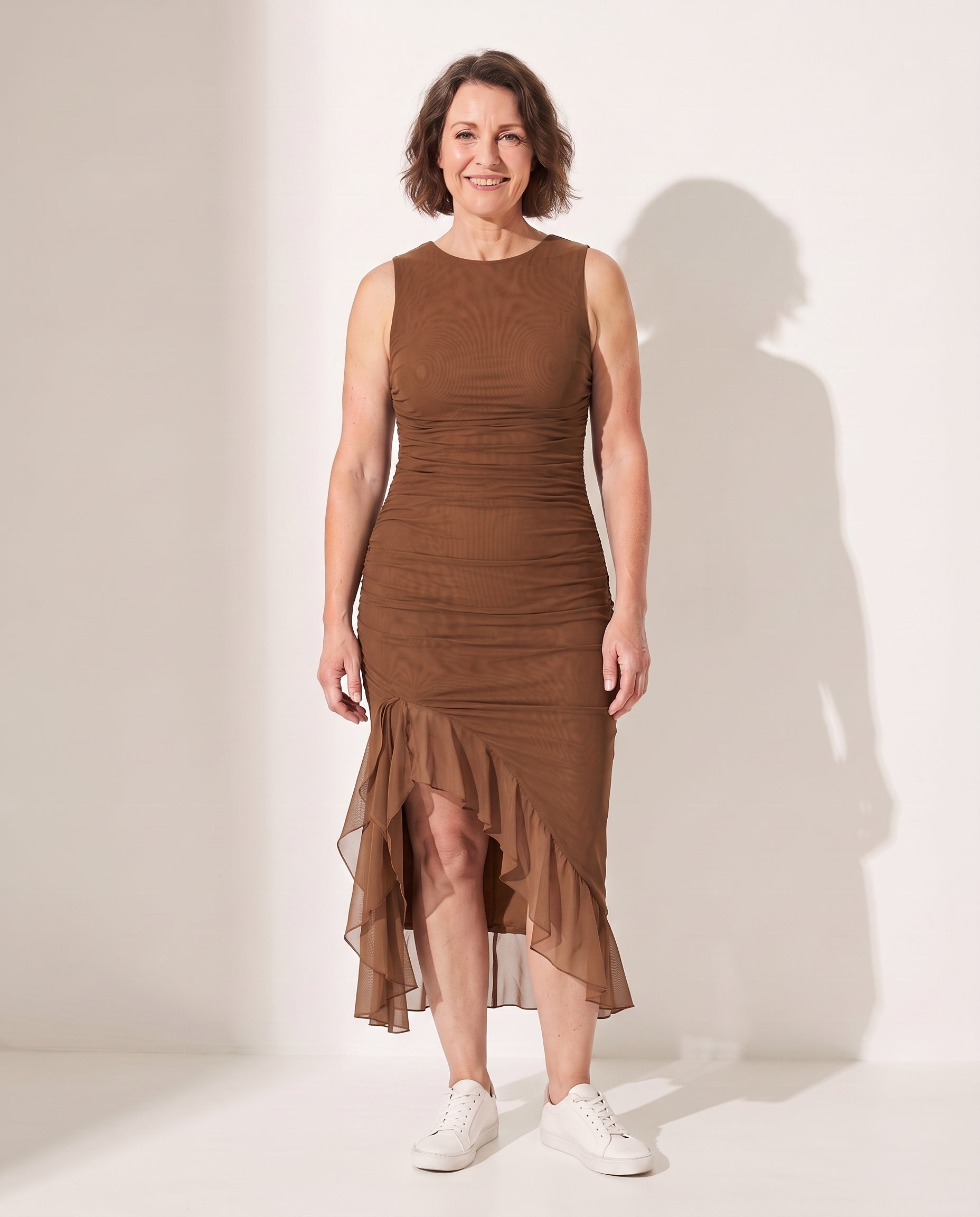Wilhelmina | Women Ruched Midi Autumn Wedding Guest Dresses — Brown