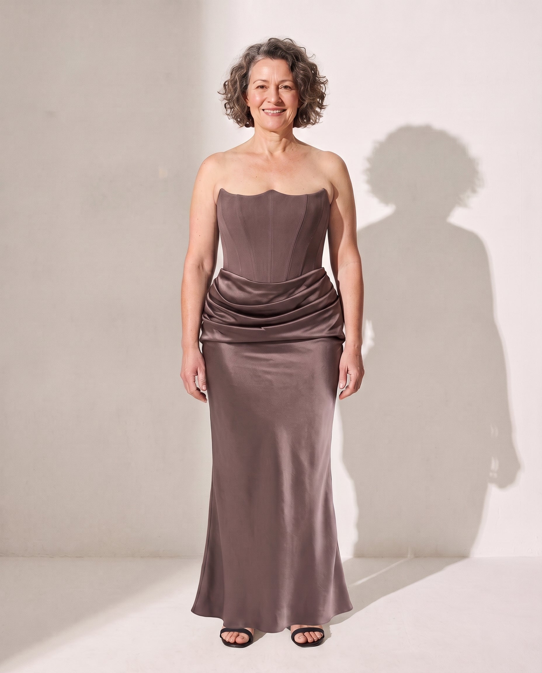 Ursula | Brown Satin Strapless Bodice Maxi Evening Dress — Brown