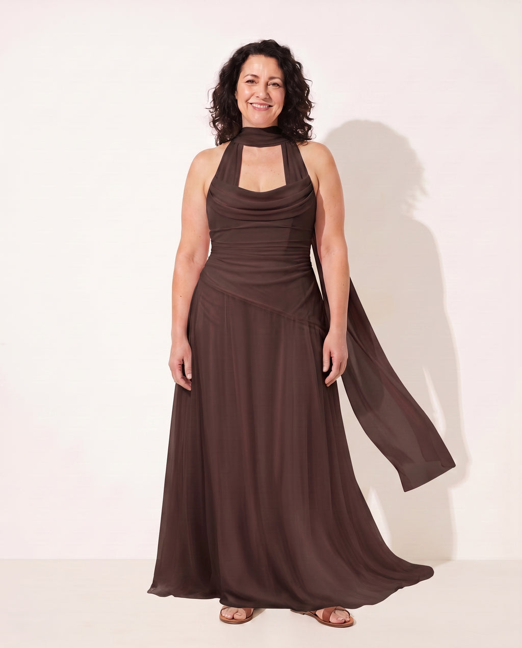 Odette | Winter Wedding Guest Dresses Draped Satin Maxi Gown — Brown