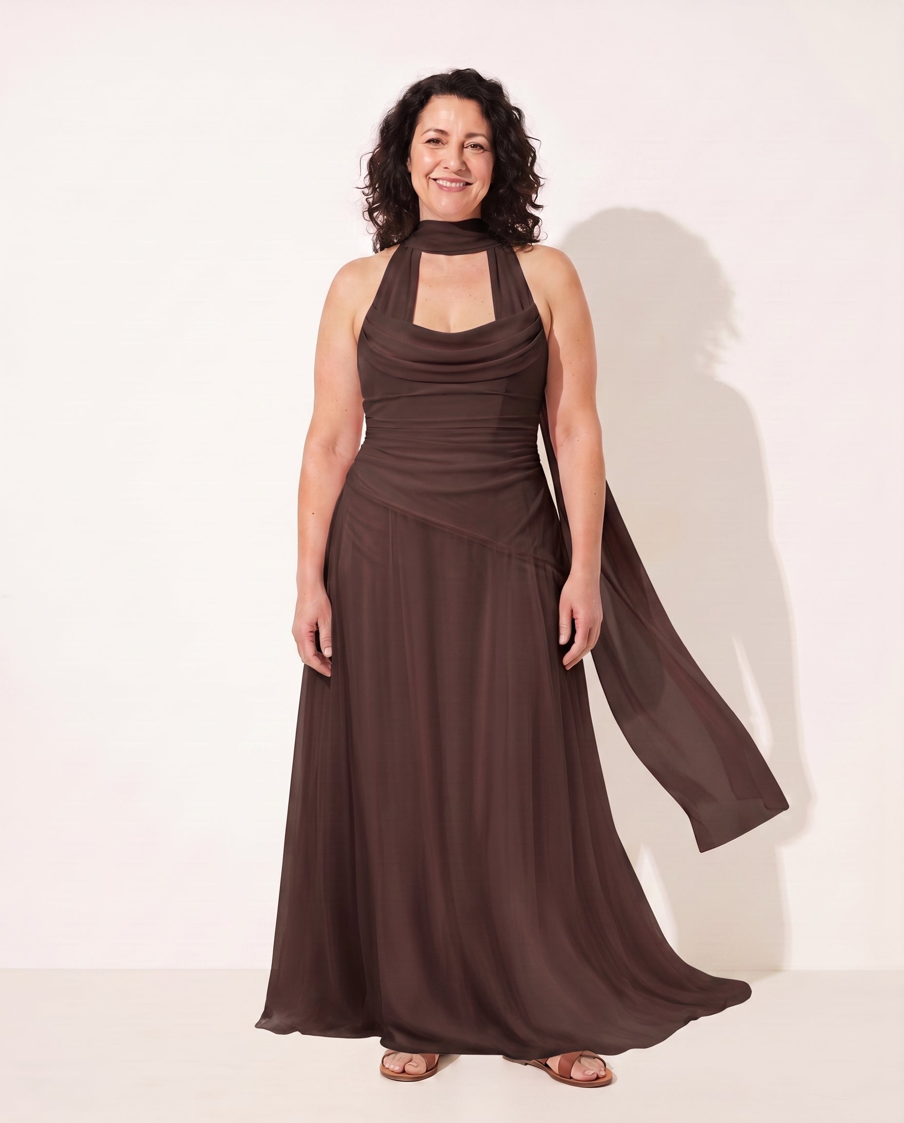 Odette | Winter Wedding Guest Dresses Draped Satin Maxi Gown — Brown