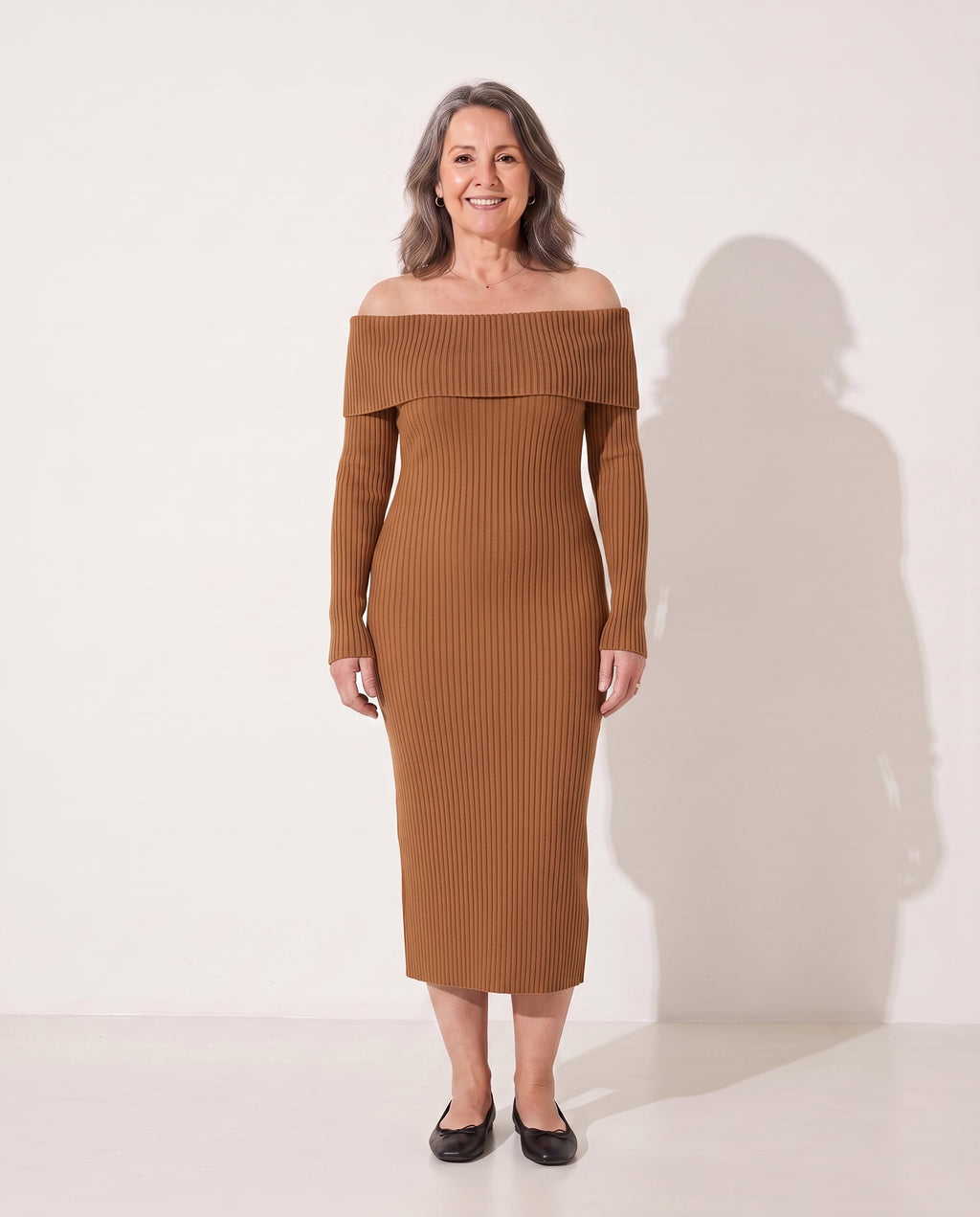 Lavinia | Ribbed Knitted Off Shoulder Maxi Dress — Brown