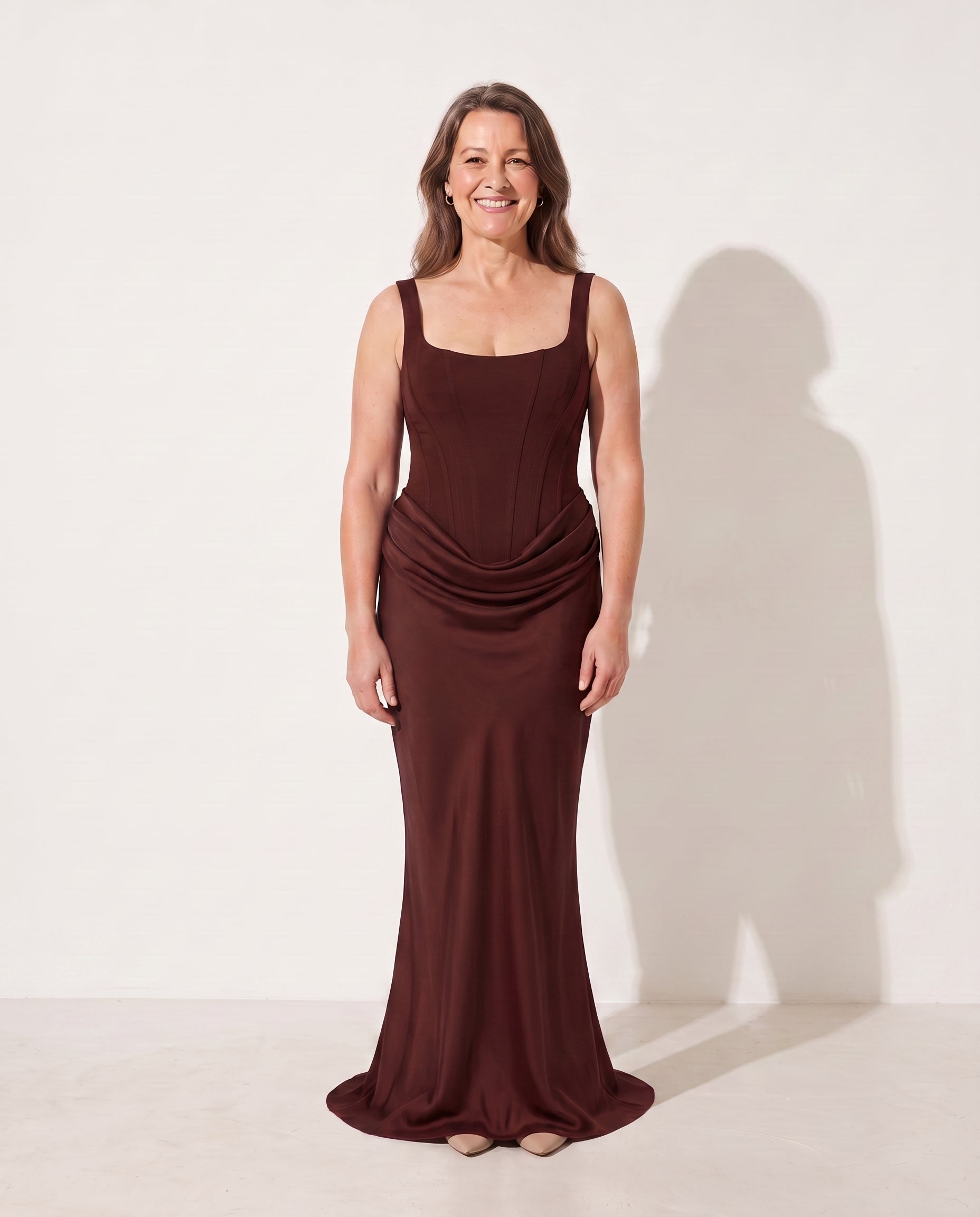 Violaine | Women Square Neck Lace Corset Maxi Wedding Guest Dress — Brown