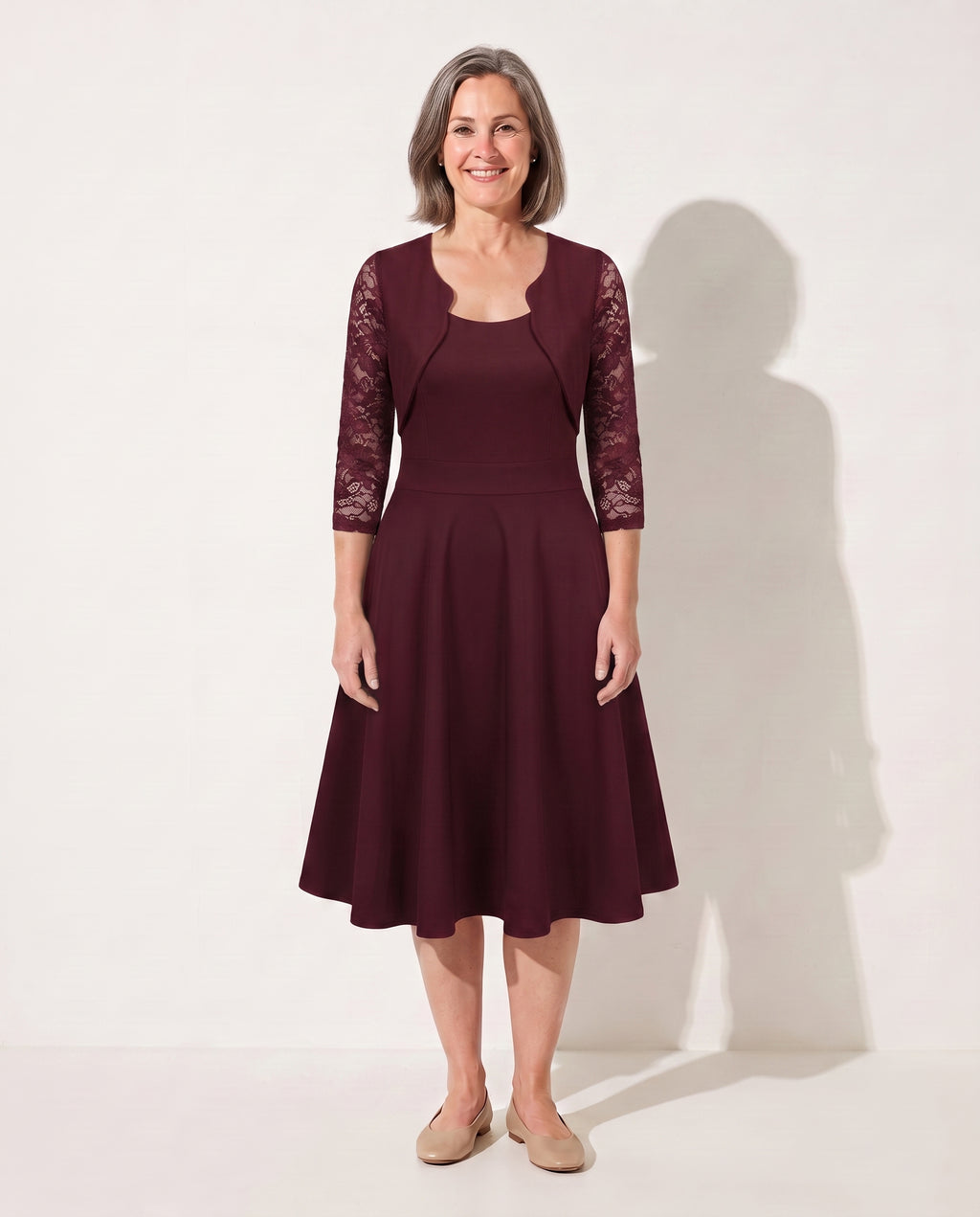 Sabine | Long Sleeve Lace Midi Wedding Guest Dresses — Burgundy