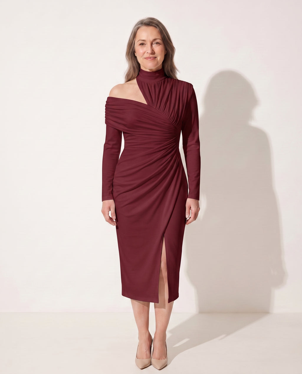 Romilly | Ruched One Shoulder Midi Wedding Guest Dress — Burgundy