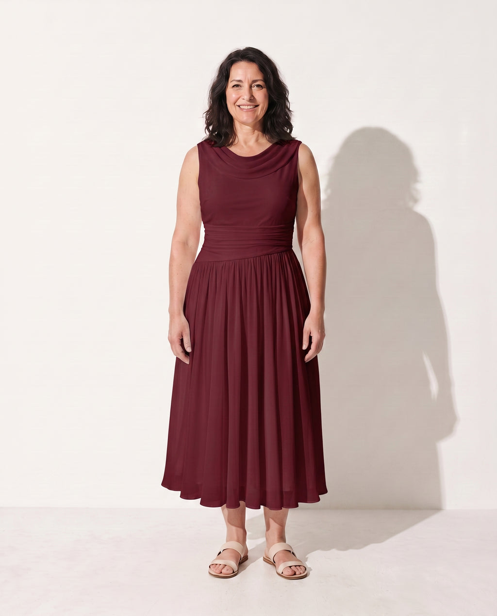 Sabine | Long Sleeve Pleated Midi Dress for Weddings & Occasions — Burgundy