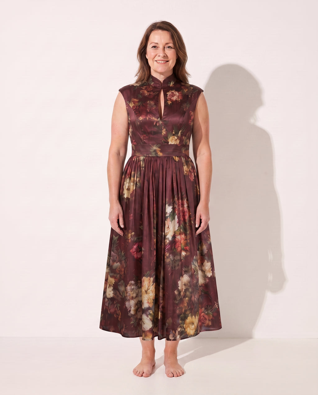 Sidonie | Long Sleeve Floral Midi Wedding Guest Dresses — Burgundy