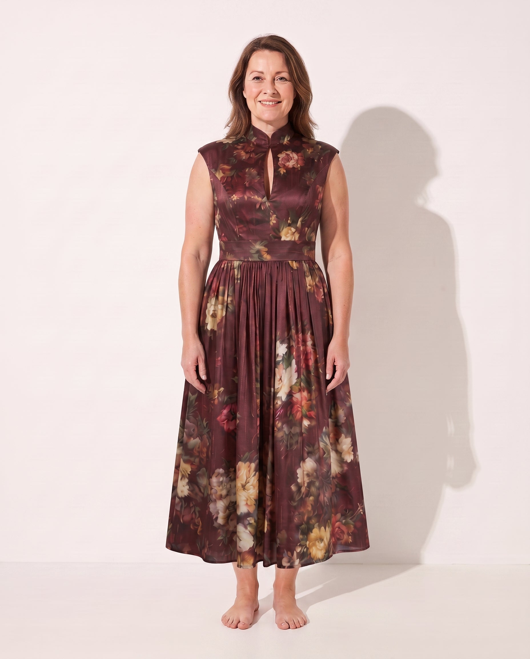 Sidonie | Long Sleeve Floral Midi Wedding Guest Dresses — Burgundy